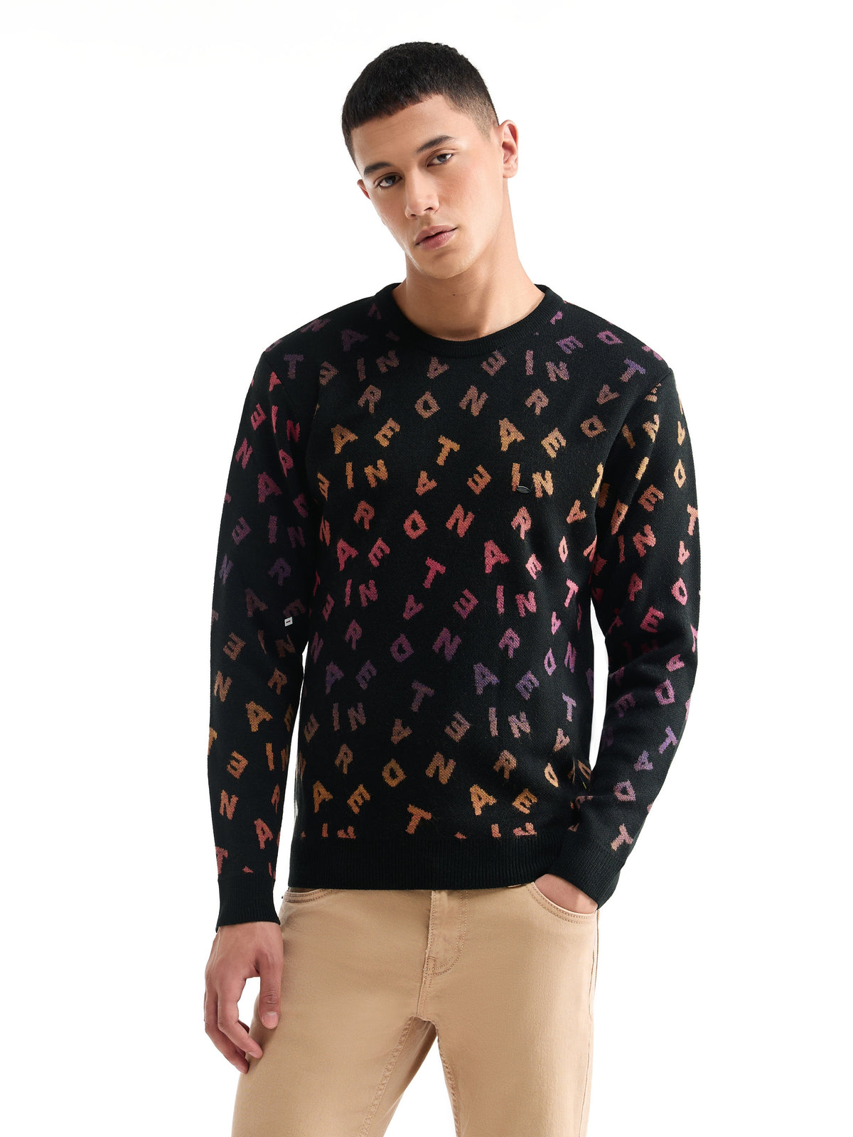 Intarsia Full Sleeve Jumper Sweater - Black t4option_0