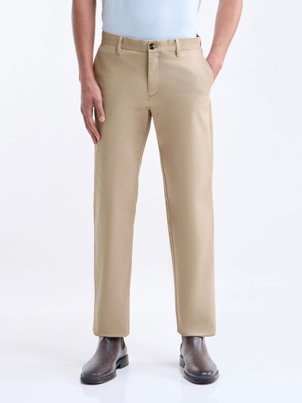 Regular Fit Cotton Stretch Trouser - Lt Khaki t4option_1
