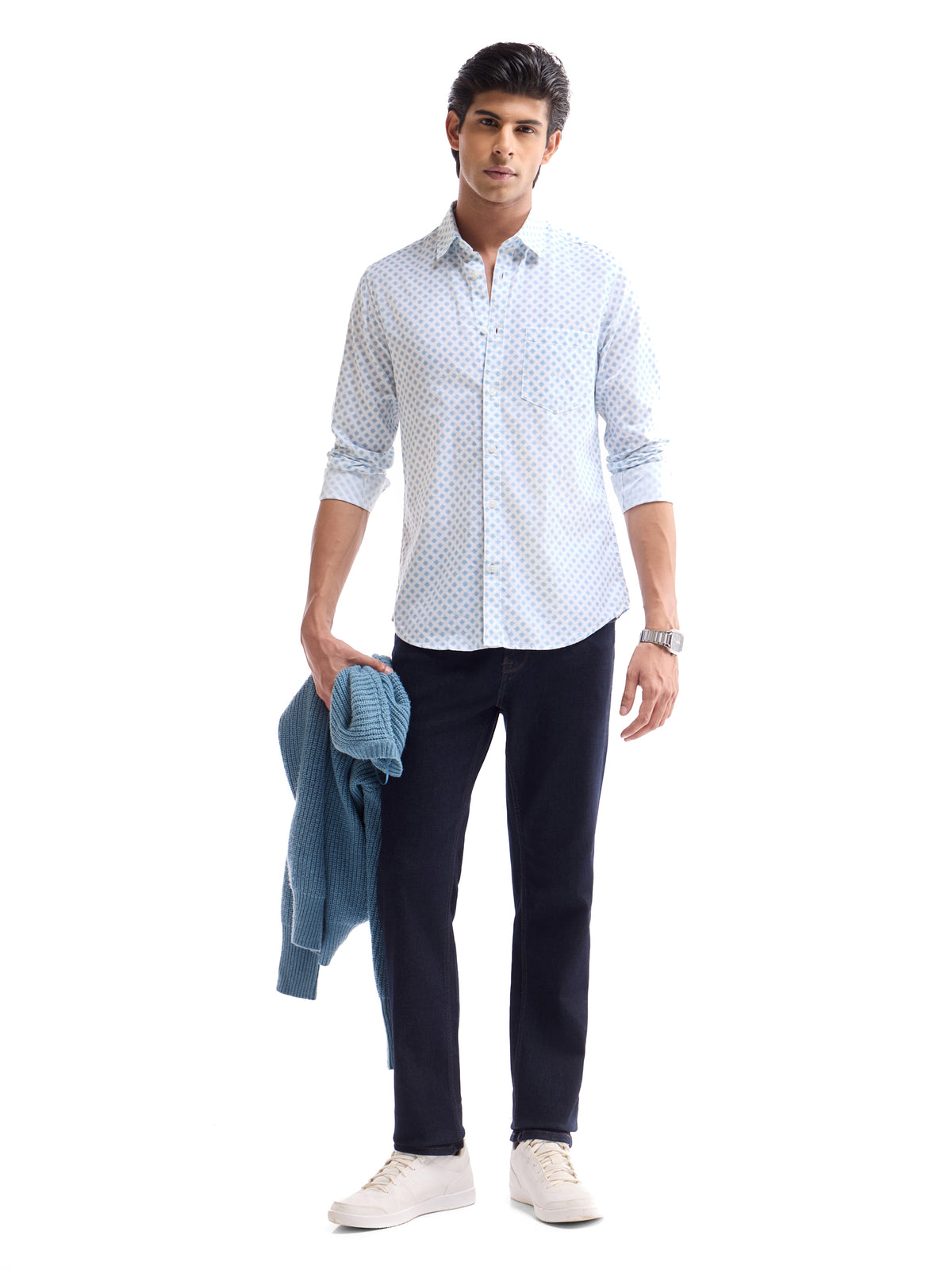 Printed Full Sleeve Cotton Linen Shirt - Sky t4option_1