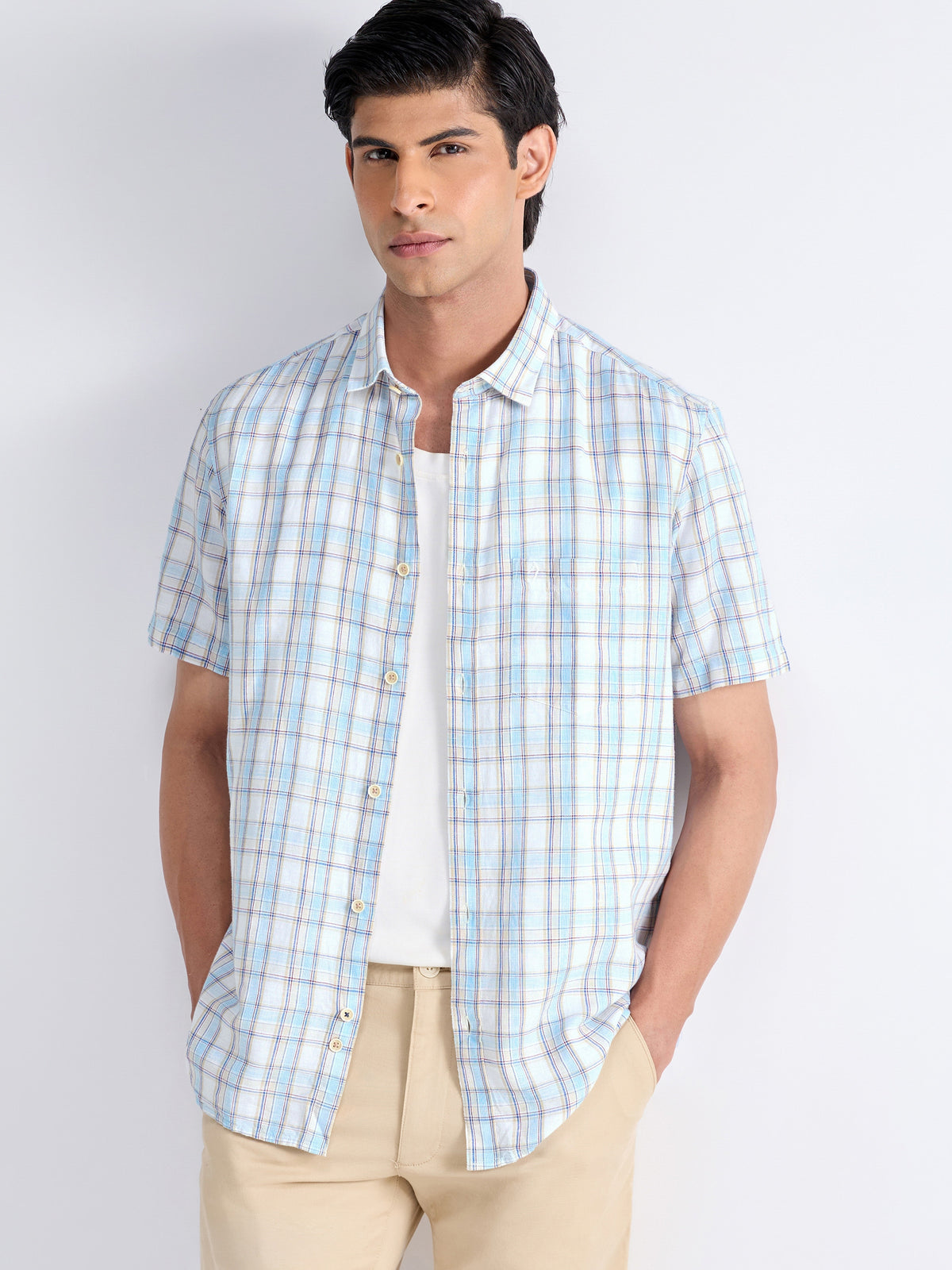 Check Half Sleeve Cotton Linen Shirt - Khaki t4option_0
