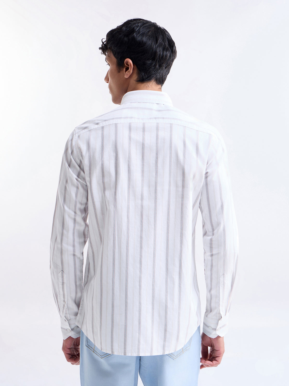 Striped Full Sleeve Cotton Shirt - Khaki t4option_0