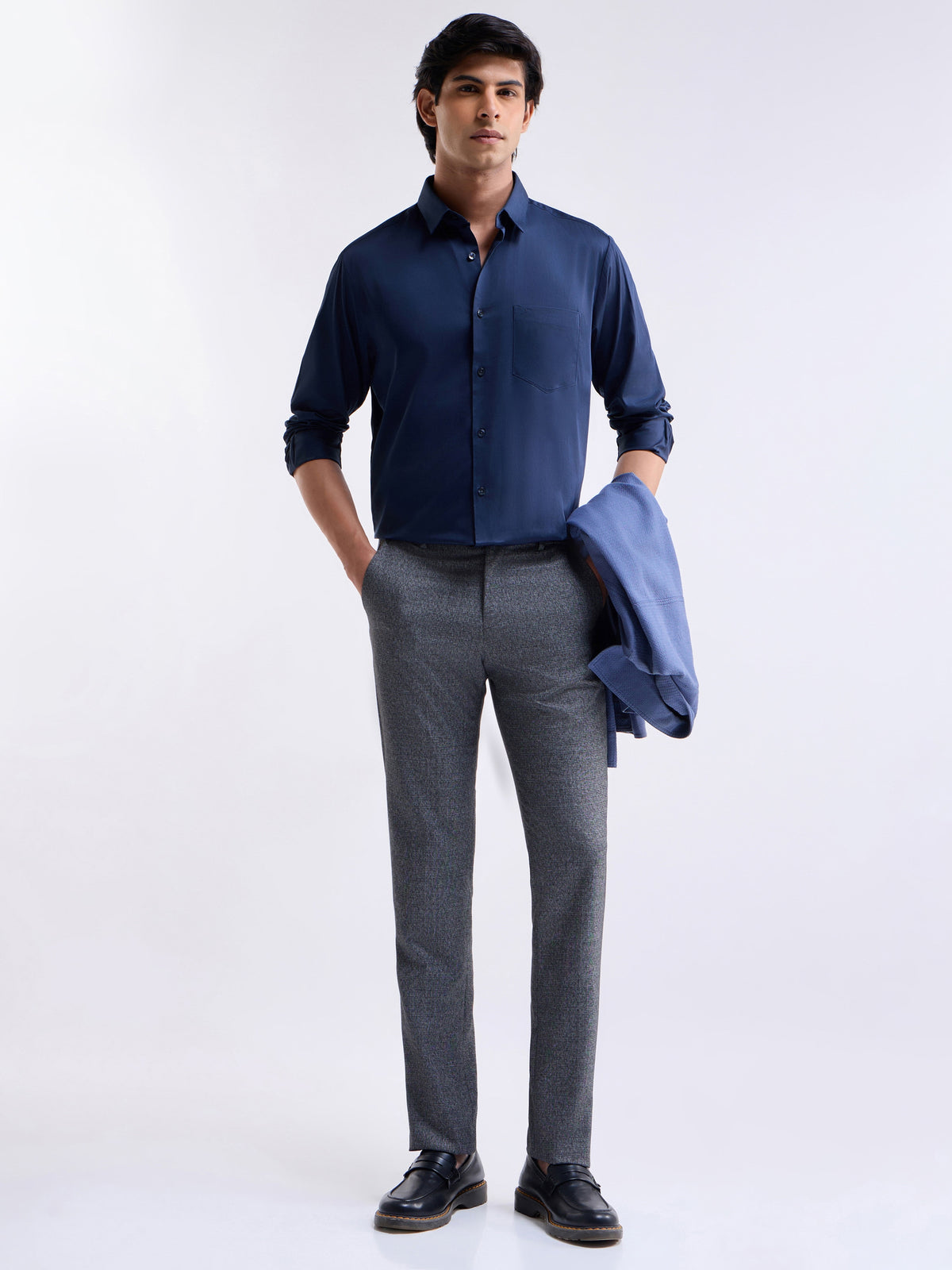 Solid Full Sleeve Cotton Stretch Shirt - Navy t4option_6