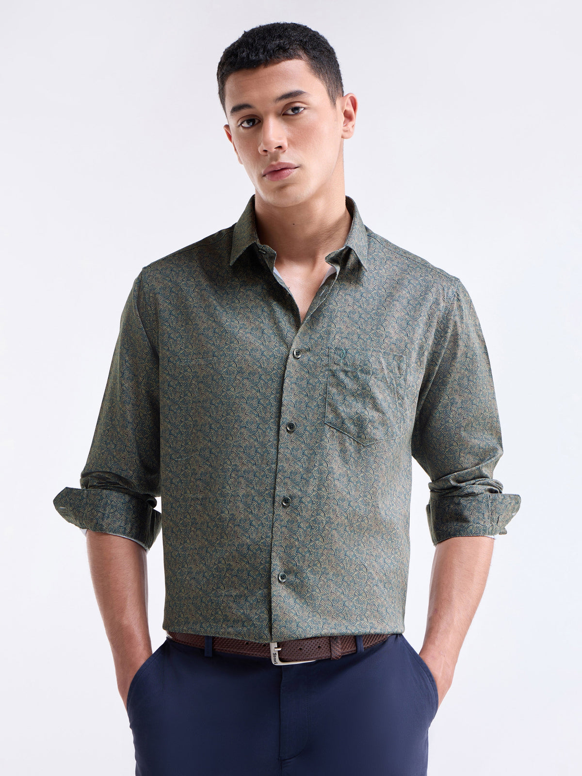 Printed Full Sleeve Cotton Shirt - Pine t4option_0