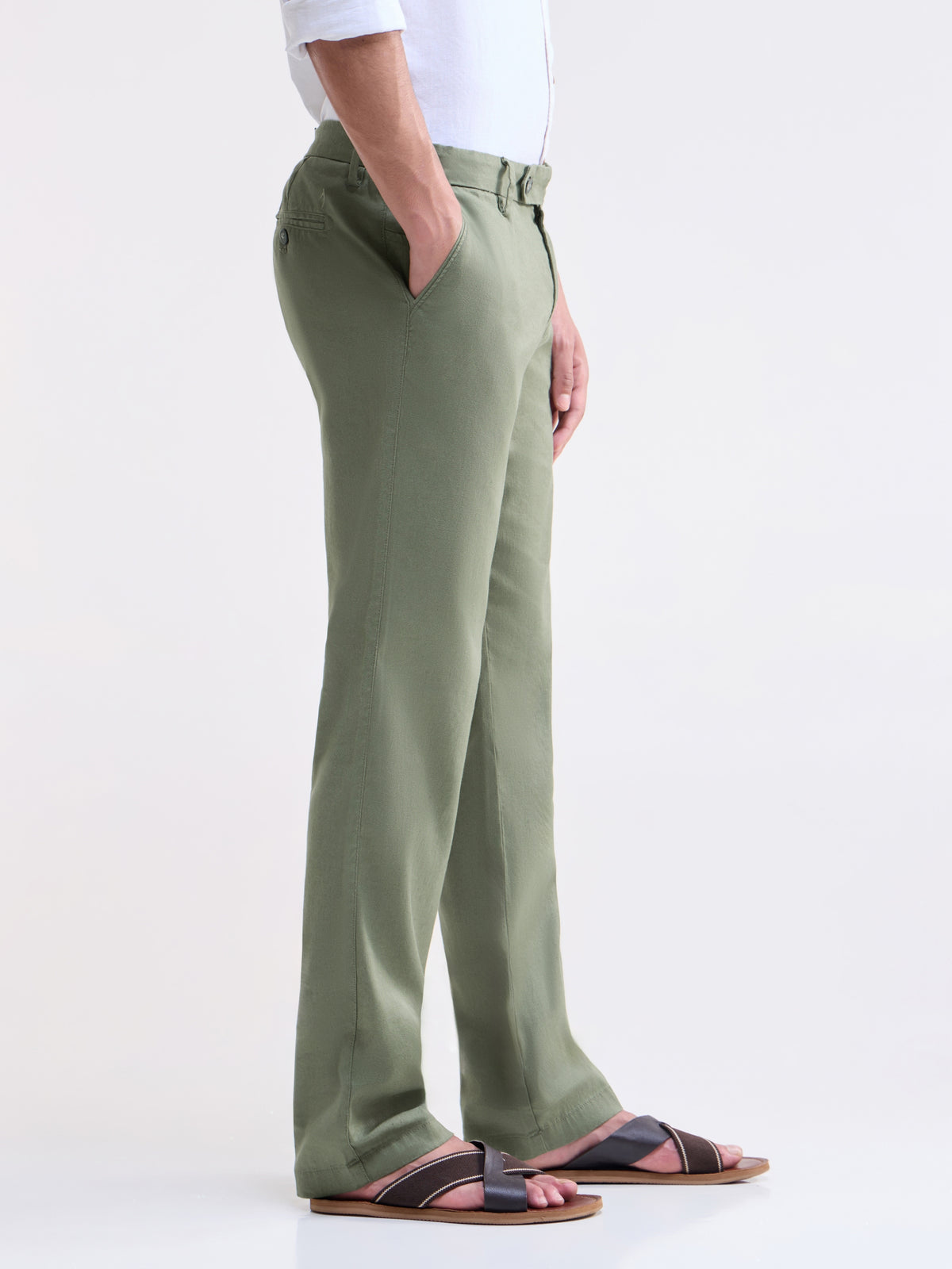 Regular Fit Linen Blend Trouser - Olive t4option_1