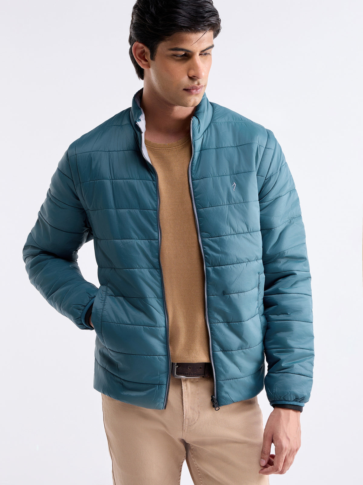 Solid Full Sleeve Bomber Jacket - Teal t4option_1