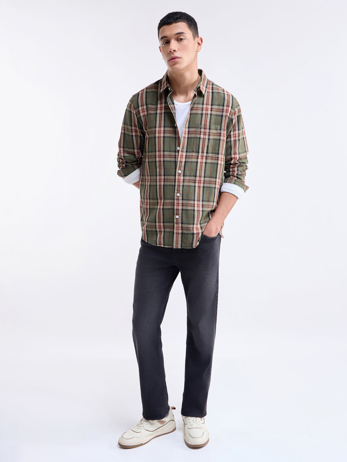 Check Full Sleeve Cotton Linen Shirt - Olive t4option_0
