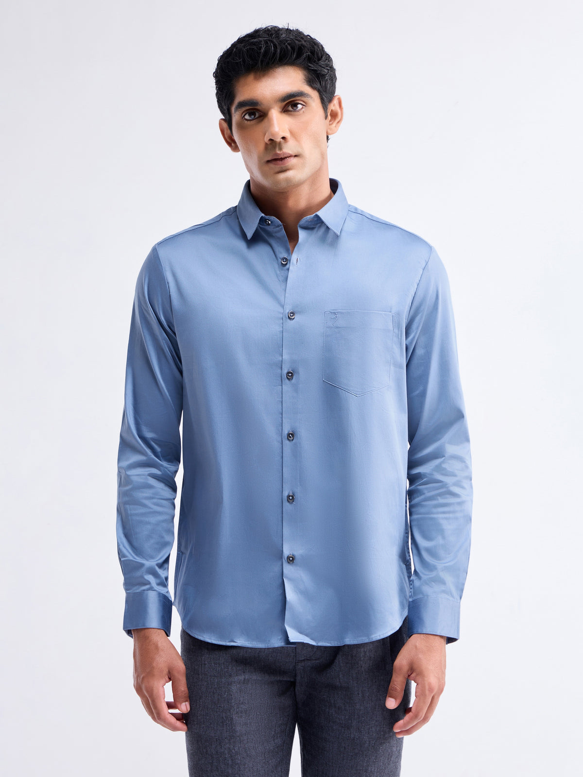 Solid Full Sleeve Cotton Stretch Shirt - Blue t4option_3