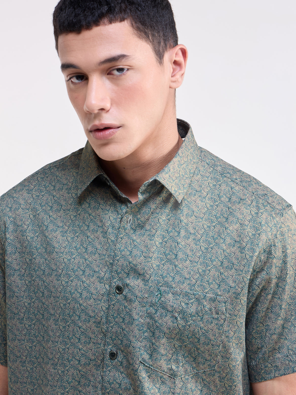 Printed Half Sleeve Cotton Shirt - Black t4option_0