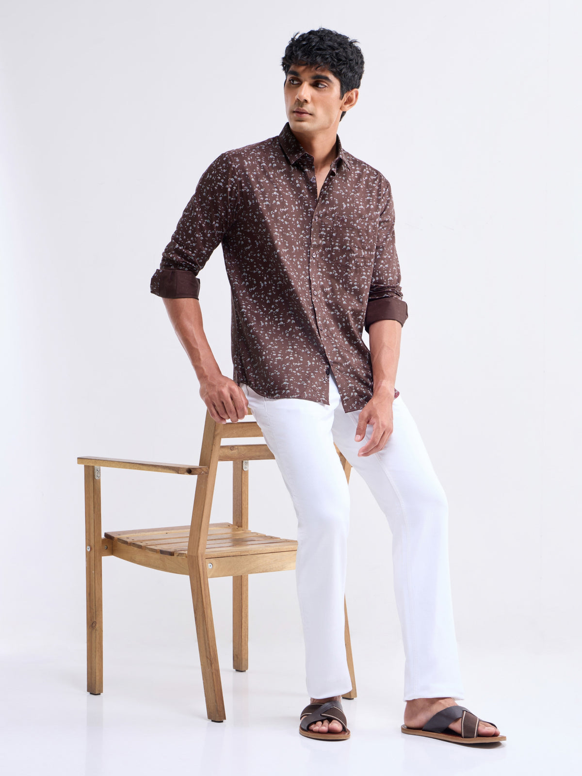 Printed Full Sleeve Cotton Shirt - Brown t4option_0