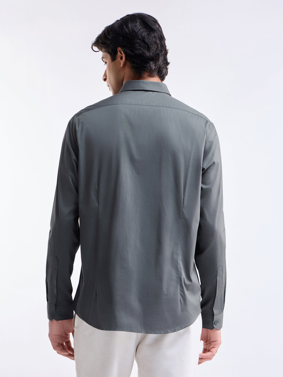 Solid Full Sleeve Cotton Stretch Shirt - Dark Grey t4option_3
