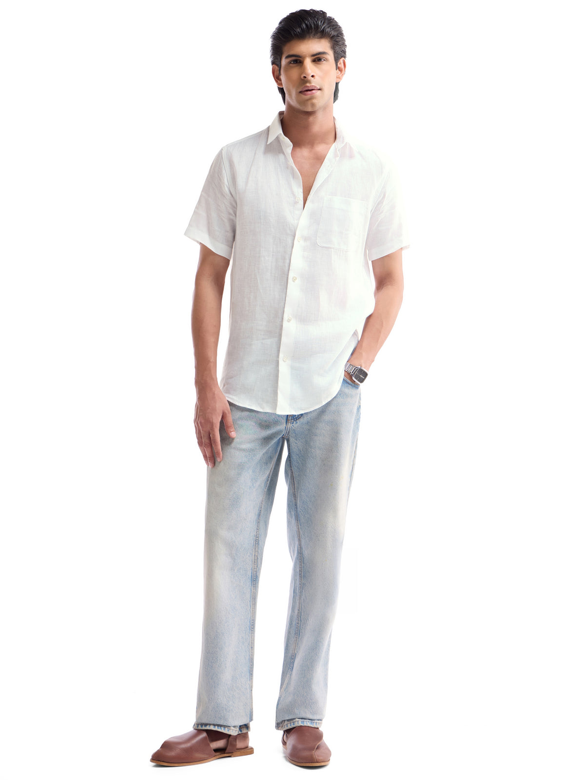 Solid Half Sleeve Linen Shirt - White t4option_4