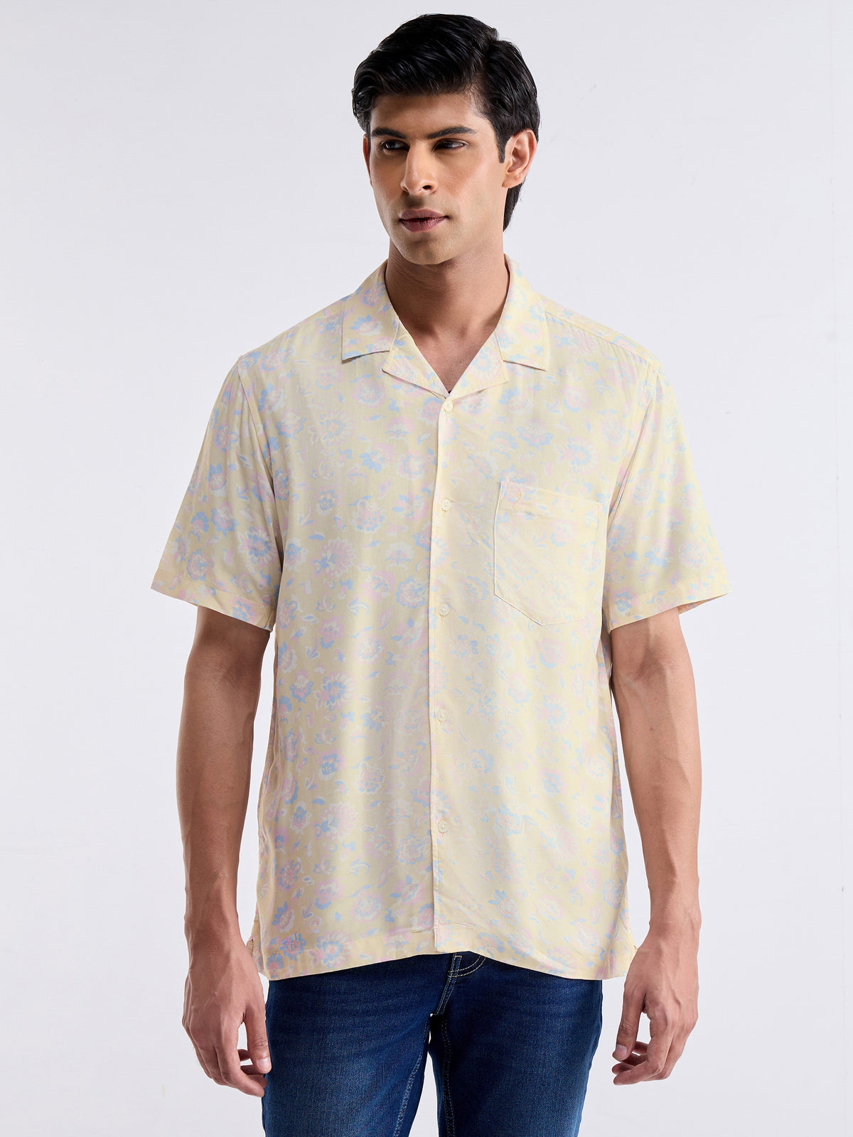 Printed Half Sleeve Cotton Modal Shirt - Yellow t4option_0