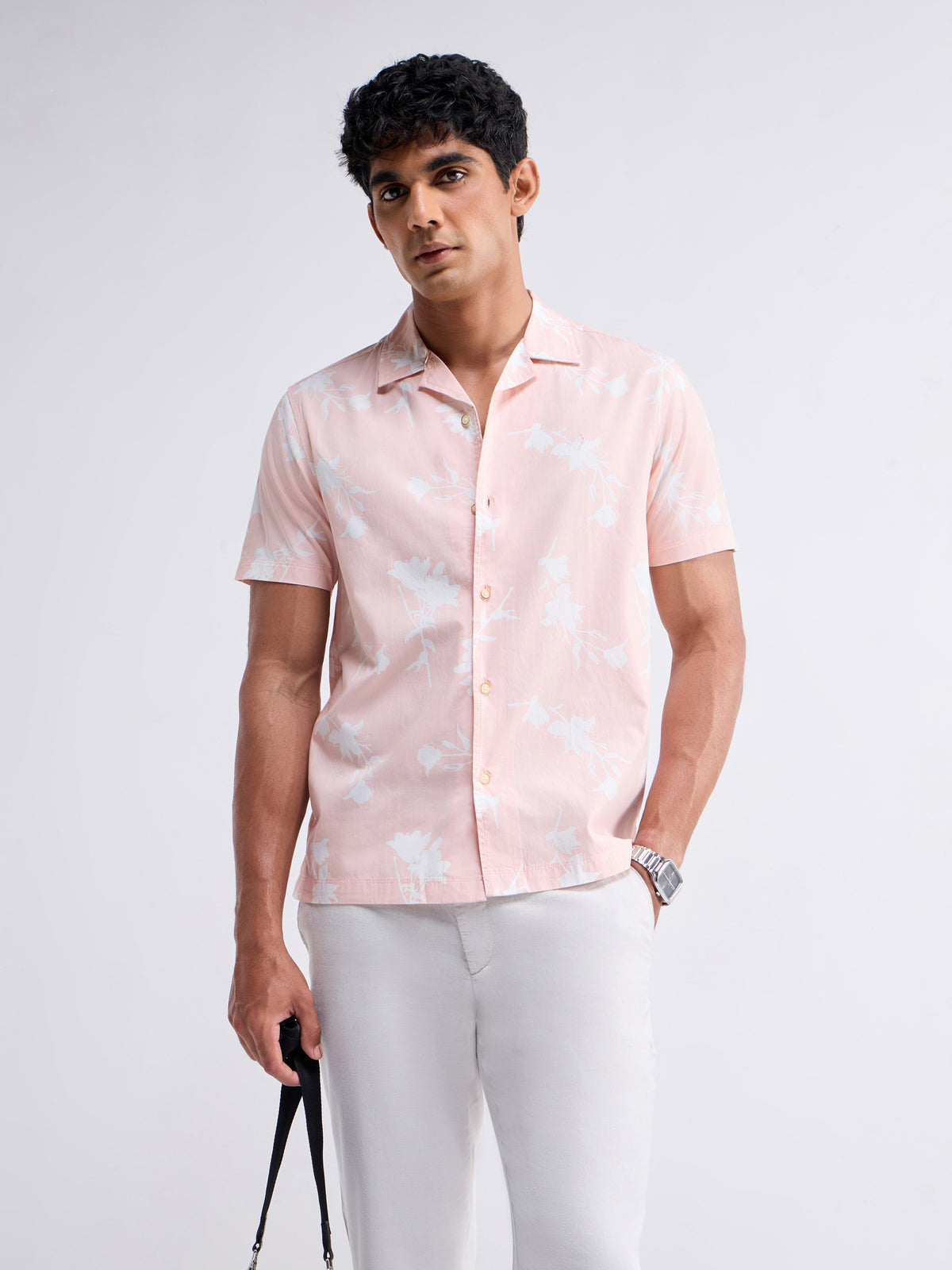 Printed Half Sleeve Cotton Shirt - Coral t4option_0