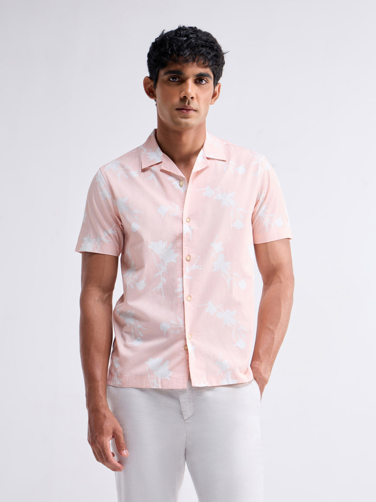 Printed Half Sleeve Cotton Shirt - Coral t4option_0