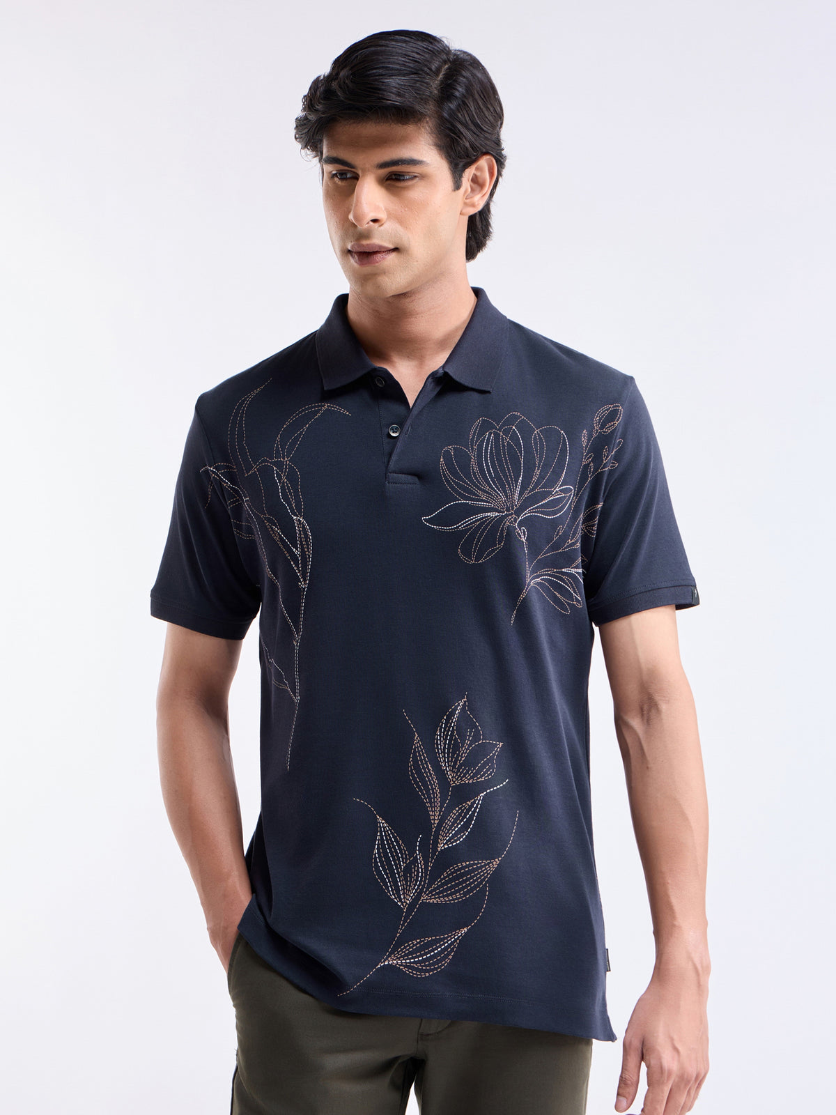 Printed Half Sleeve Regular Fit Polo T-Shirt - Navy t4option_0