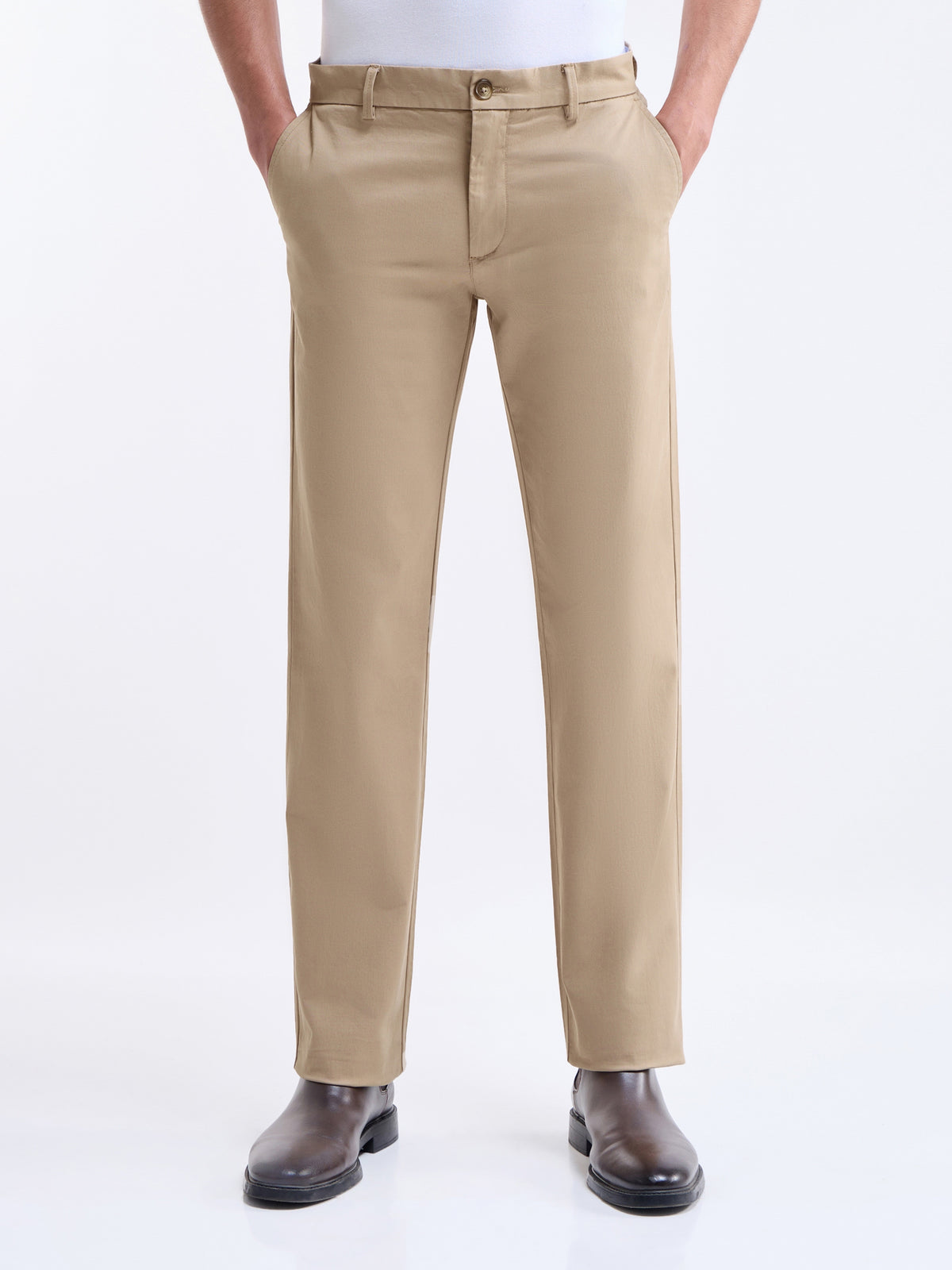 Twill Regular Fit Cotton Stretch Trouser - Khaki t4option_0