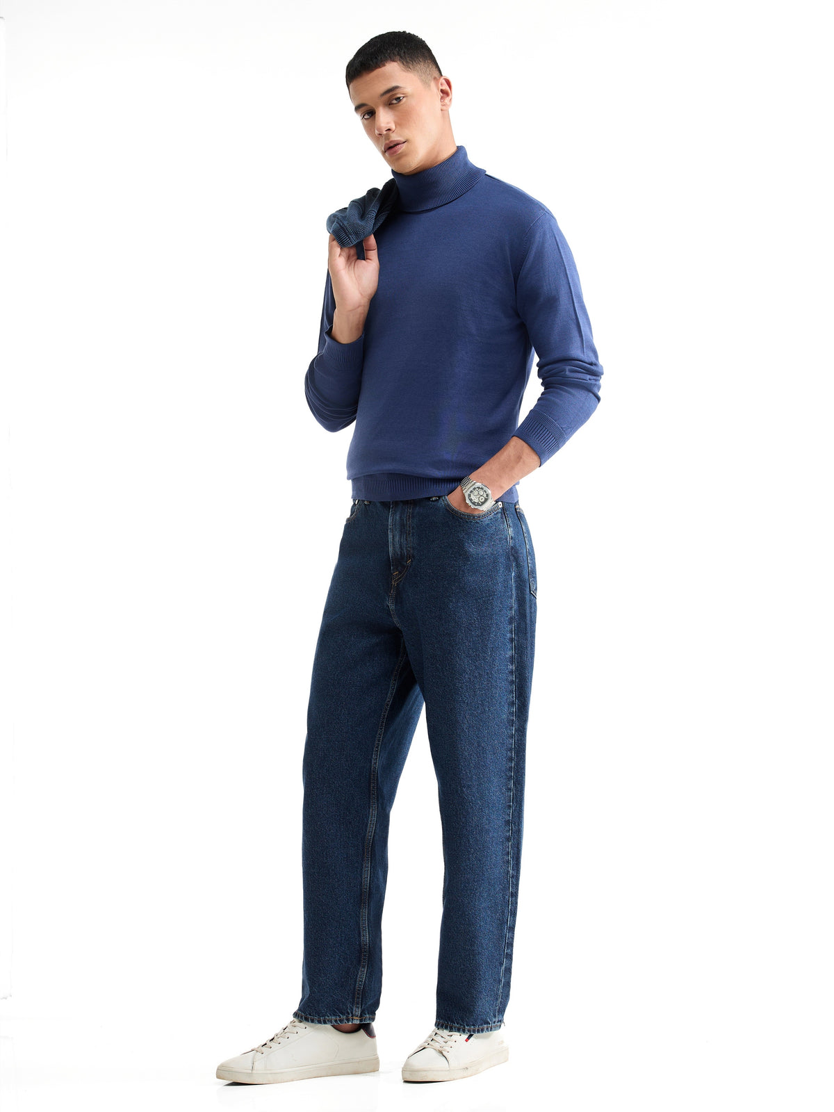 Solid Full Sleeve Turtle Neck Sweater - Depth Blue t4option_0