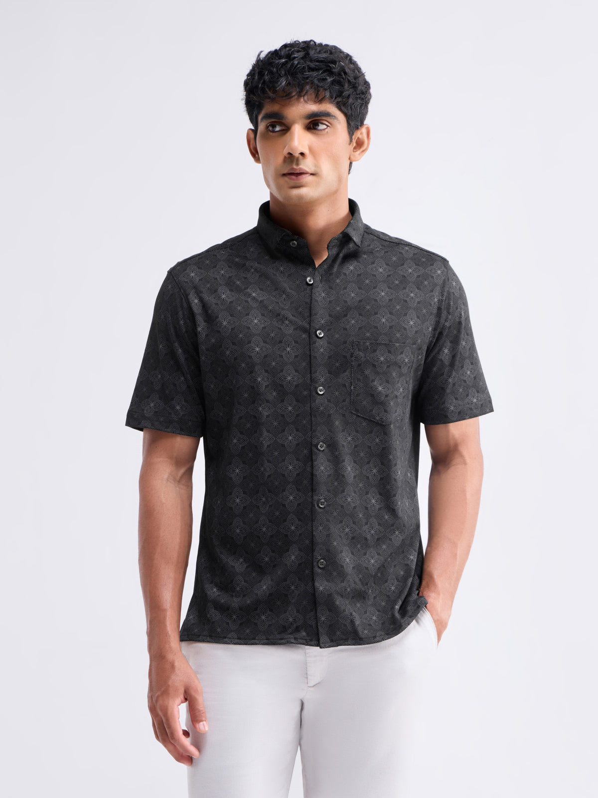 Printed Half Sleeve Cotton Shirt - Black t4option_0