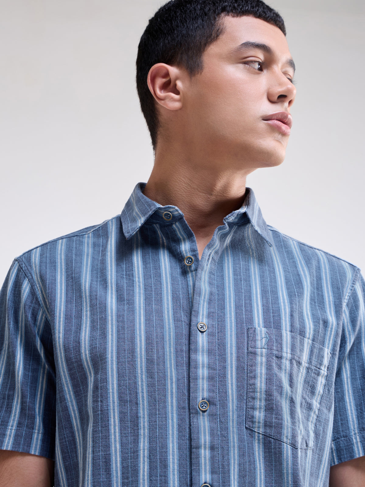 Striped Half Sleeve Cotton Shirt - Blue t4option_0