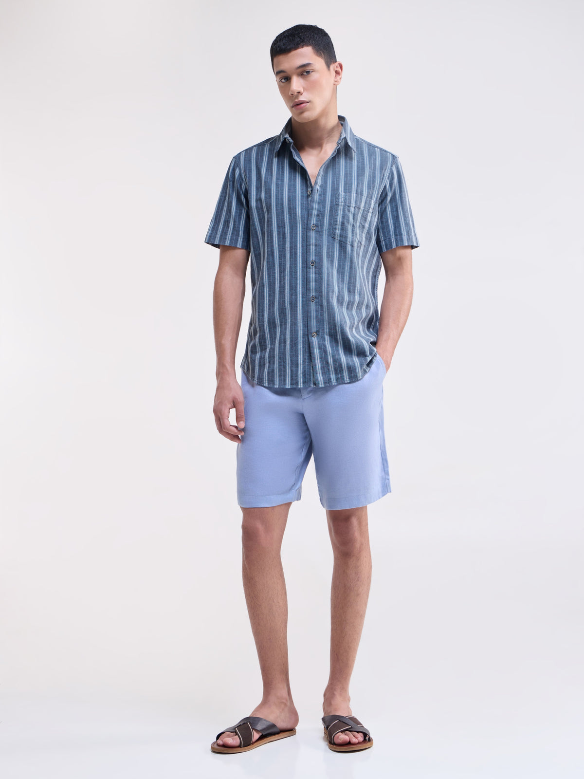 Striped Half Sleeve Cotton Shirt - Blue t4option_0
