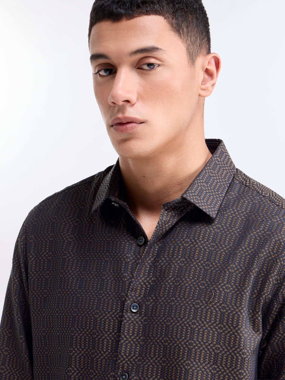 Jacquard Full Sleeve Cotton Shirt - Brown t4option_0