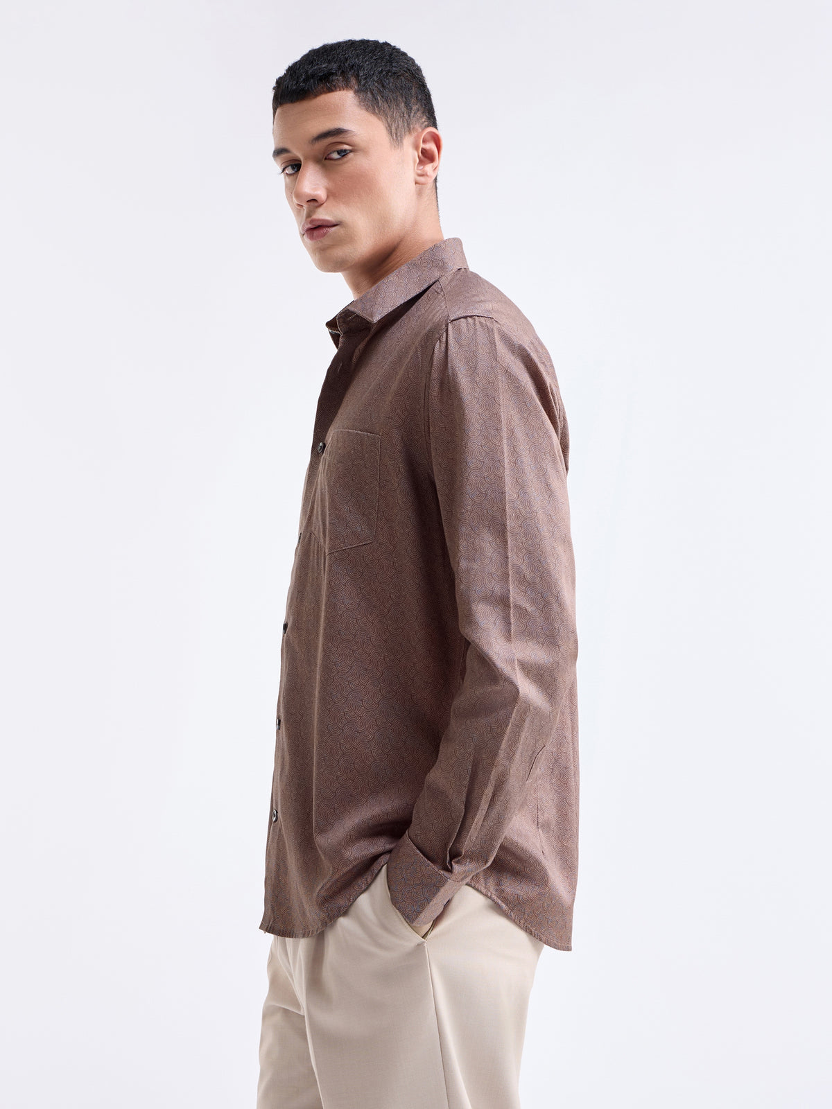 Printed Full Sleeve Cotton Shirt - Rust t4option_0