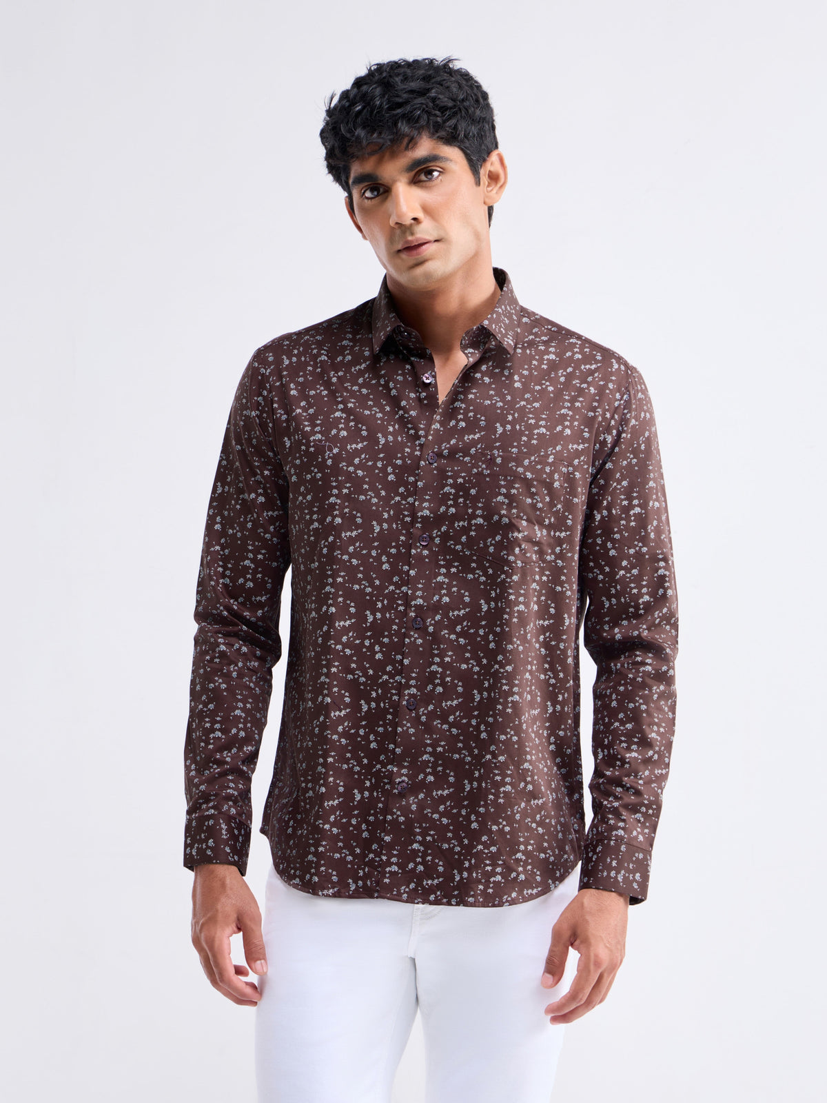 Printed Full Sleeve Cotton Shirt - Brown t4option_0