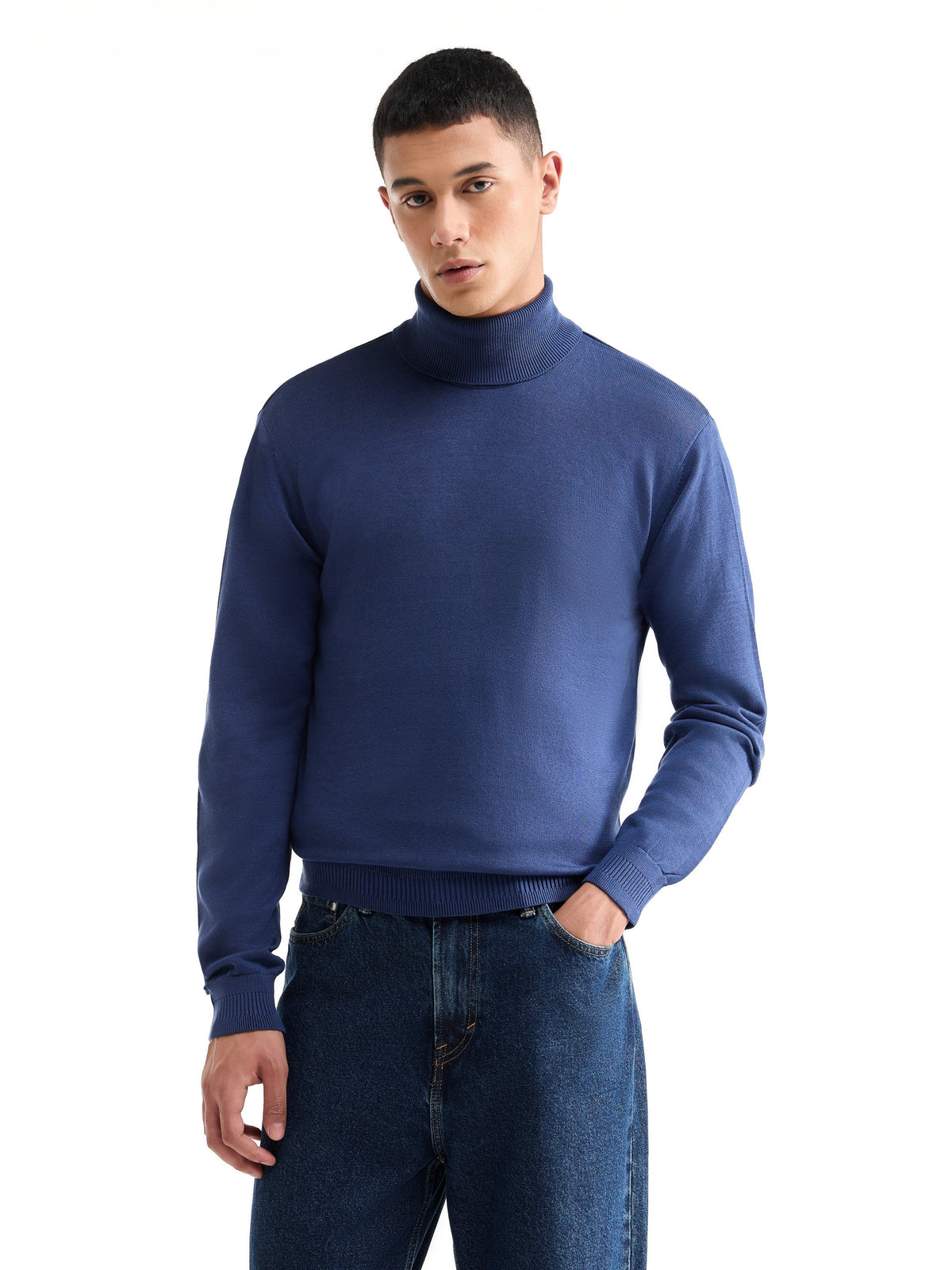Solid Full Sleeve Turtle Neck Sweater - Depth Blue t4option_0