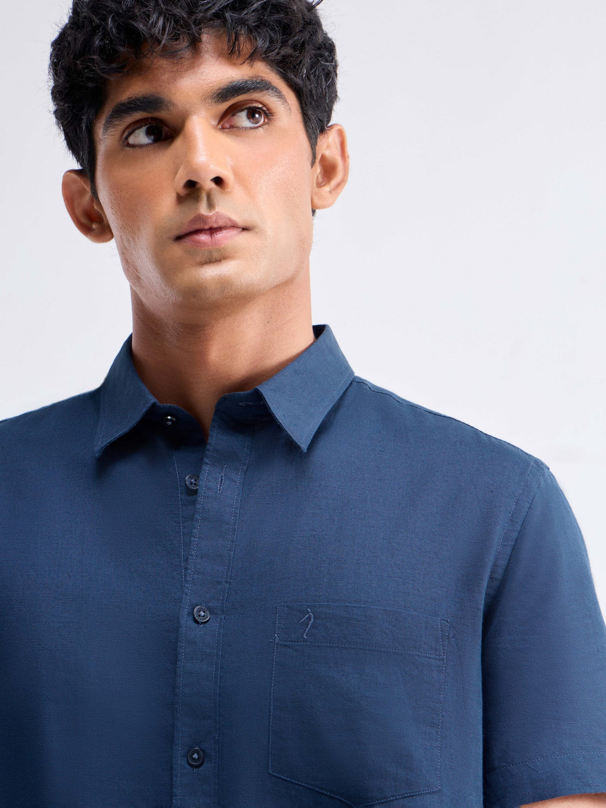 Solid Half Sleeve Cotton Blend Shirt - Navy t4option_0