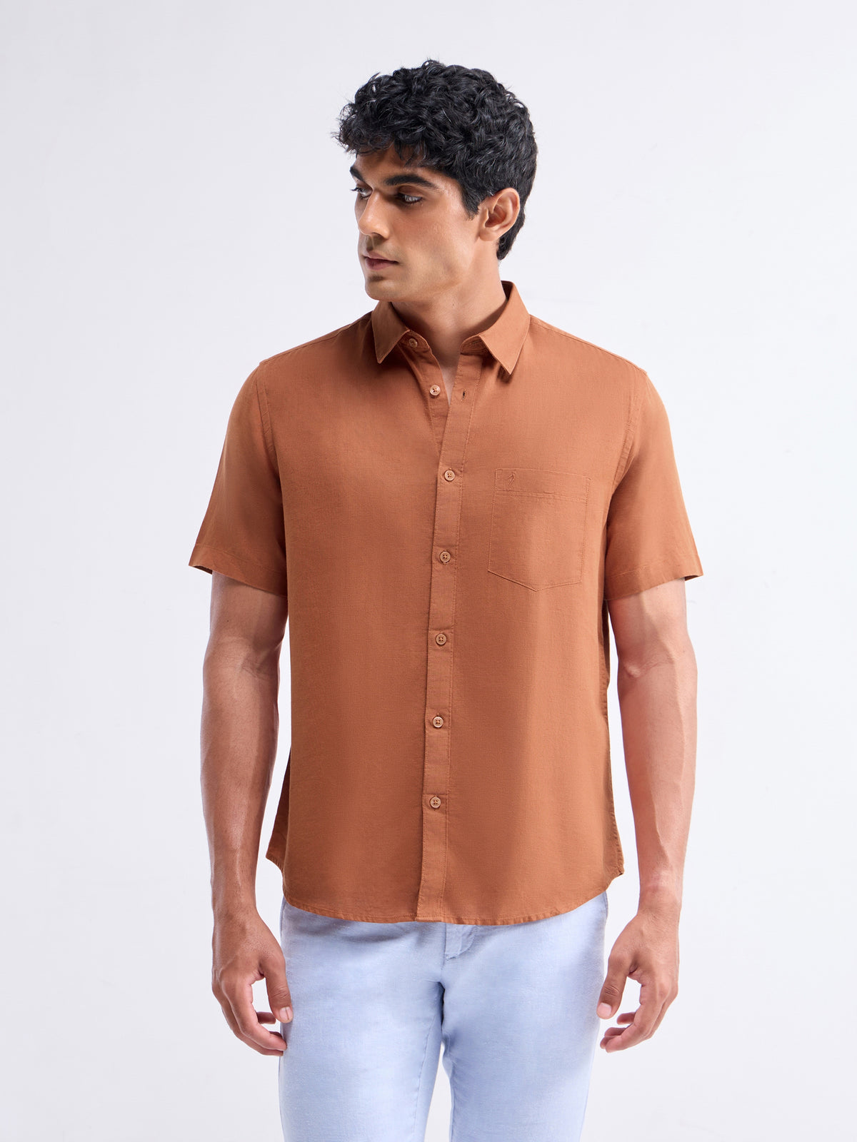 Solid Half Sleeve Cotton Blend Shirt - Rust t4option_0