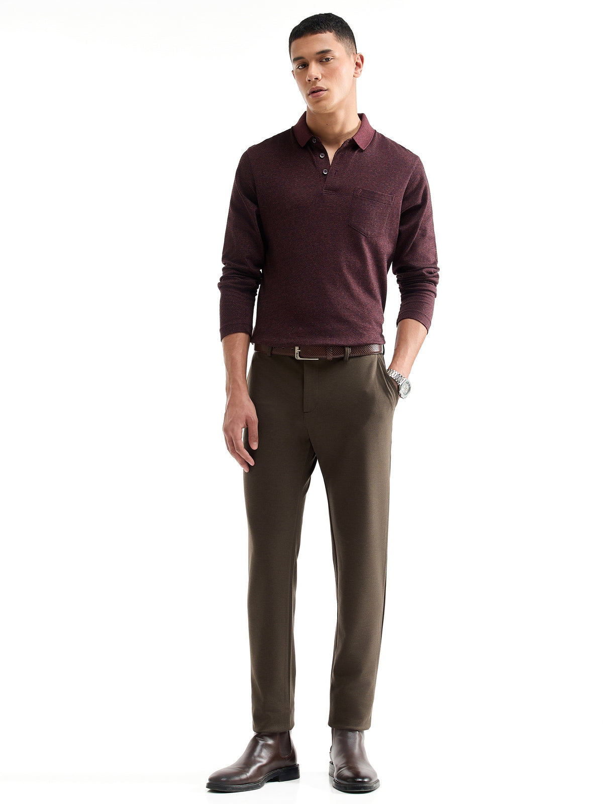 Yarn-Dyed Slim Comfort Fit Poly Viscose Trouser - Olive t4option_0