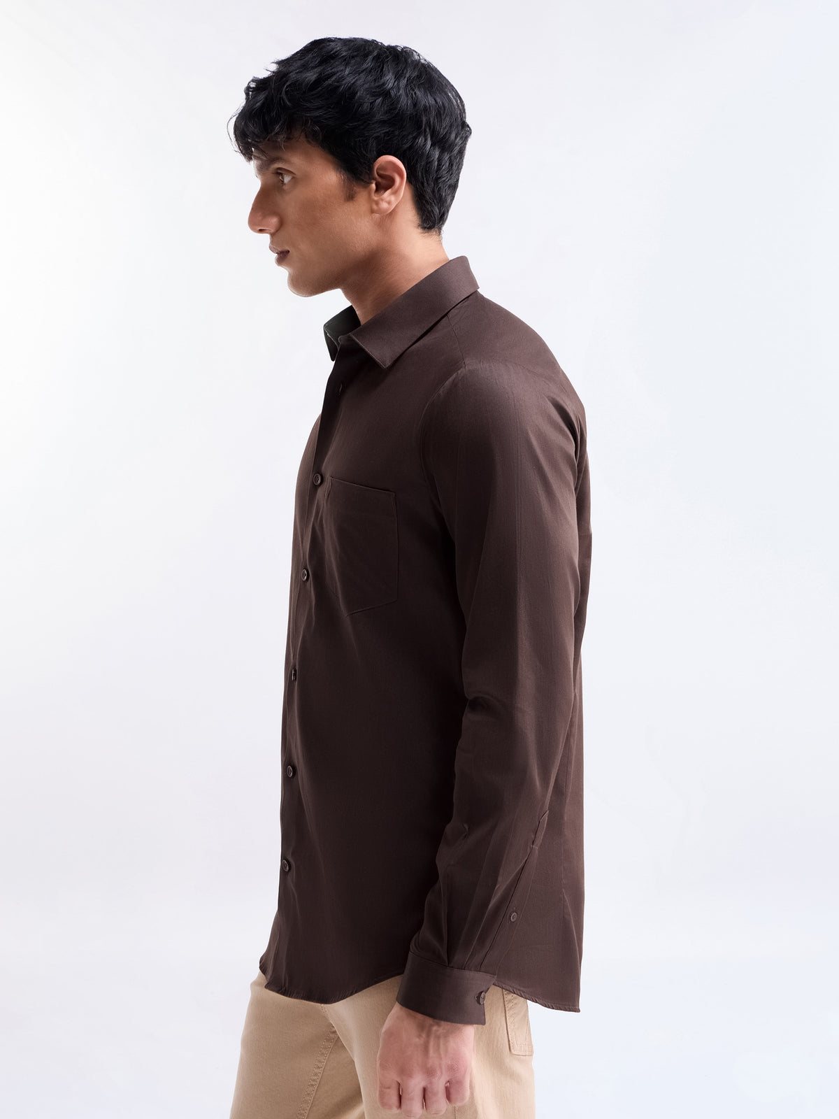 Solid Full Sleeve Cotton Stretch Shirt - Dark Choco t4option_0