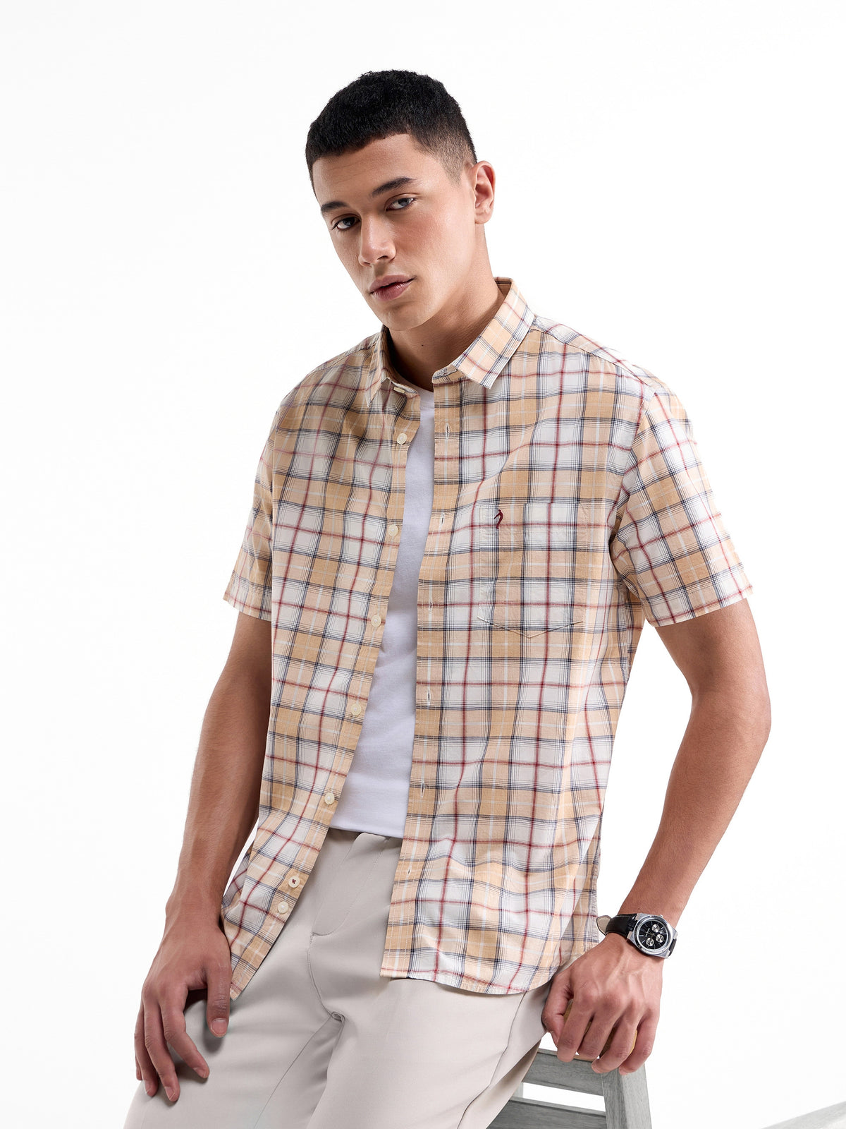 Check Half Sleeve Cotton Shirt - Khaki t4option_0