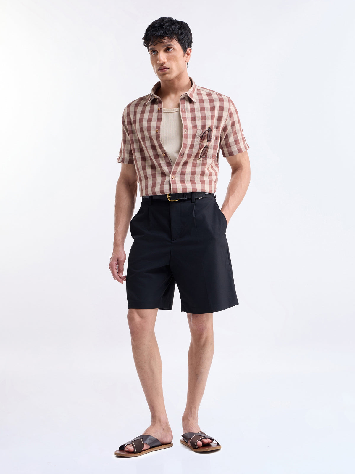 Check Half Sleeve Cotton Linen Shirt - Brown t4option_0
