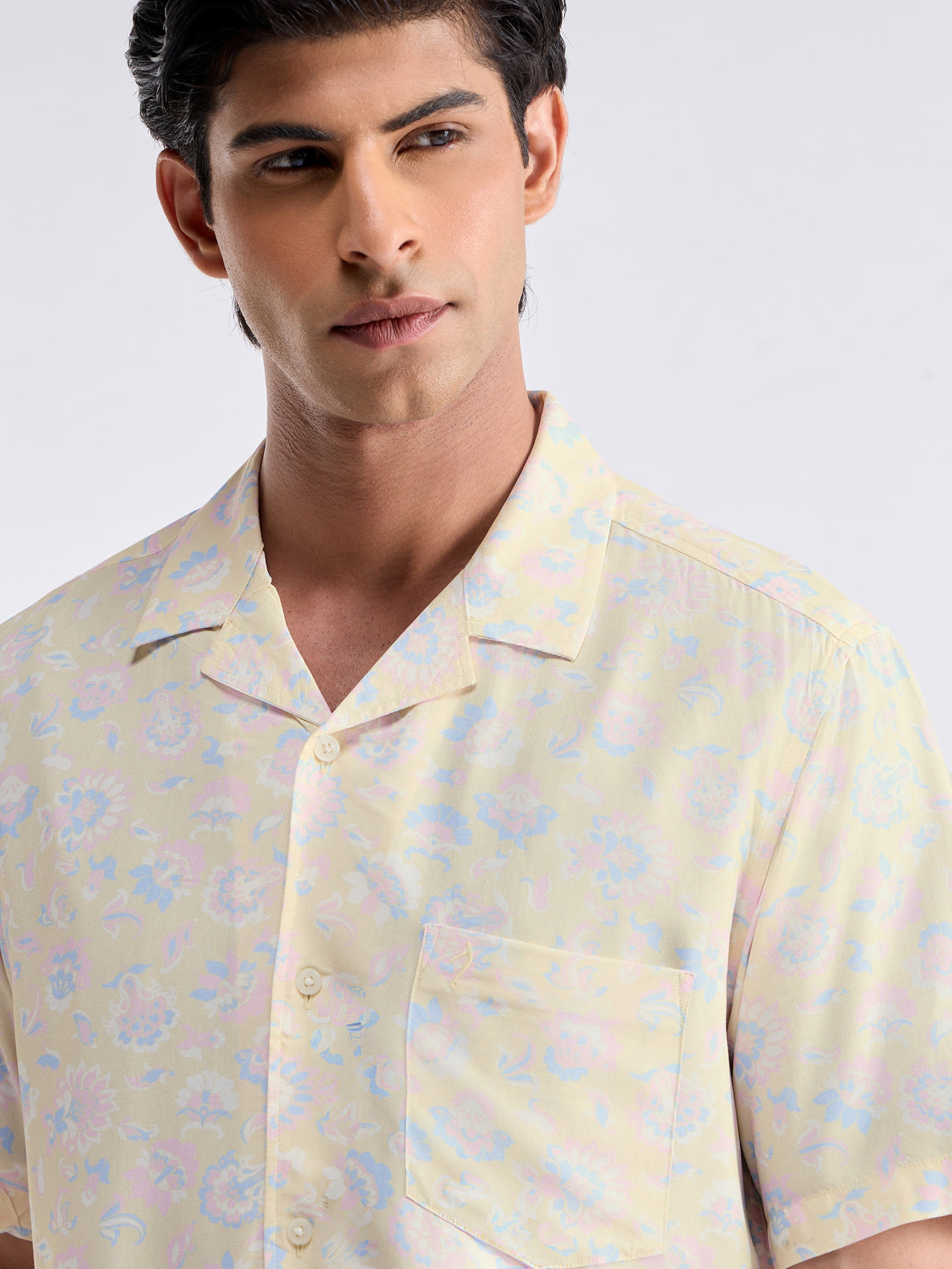 Printed Half Sleeve Cotton Modal Shirt - Yellow t4option_0
