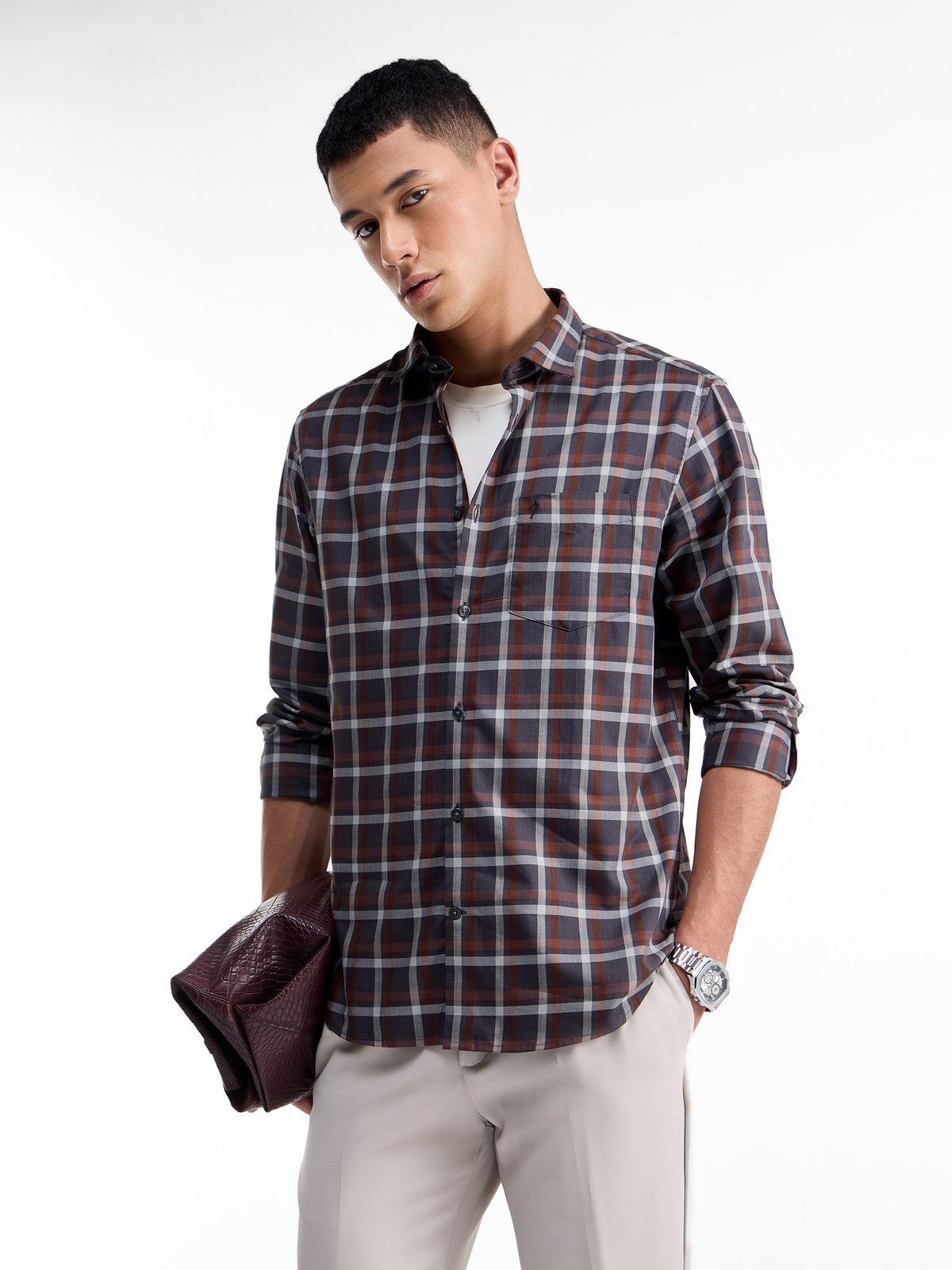 Check Full Sleeve Cotton Shirt - Dark Brown t4option_0