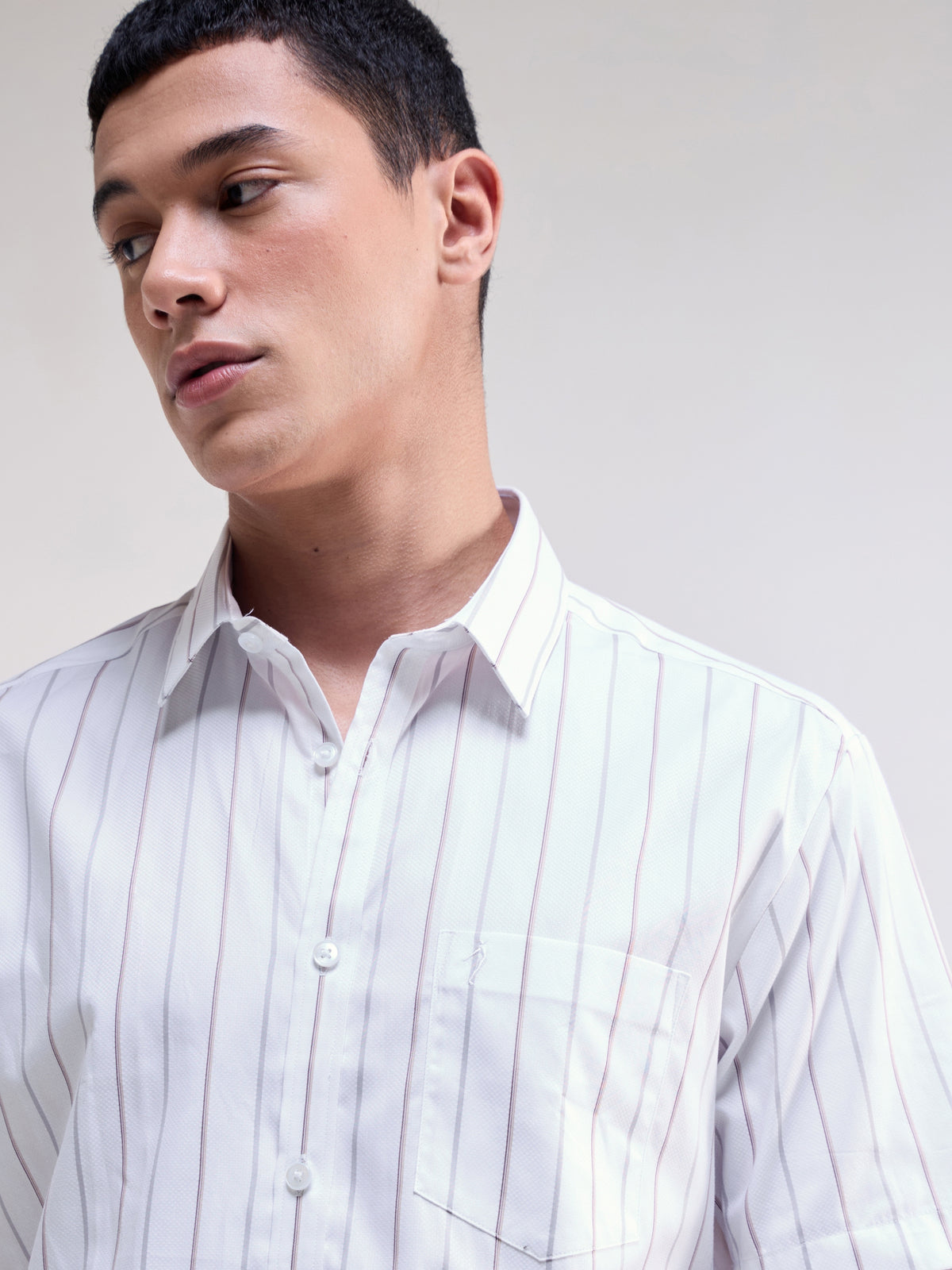 Striped Half Sleeve Cotton Shirt - White t4option_0