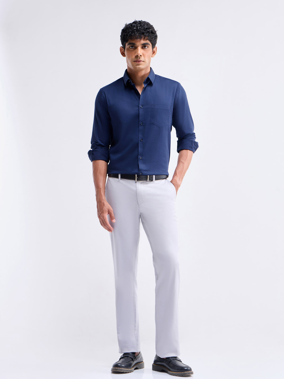 Solid Full Sleeve Cotton Stretch Shirt - Navy t4option_5