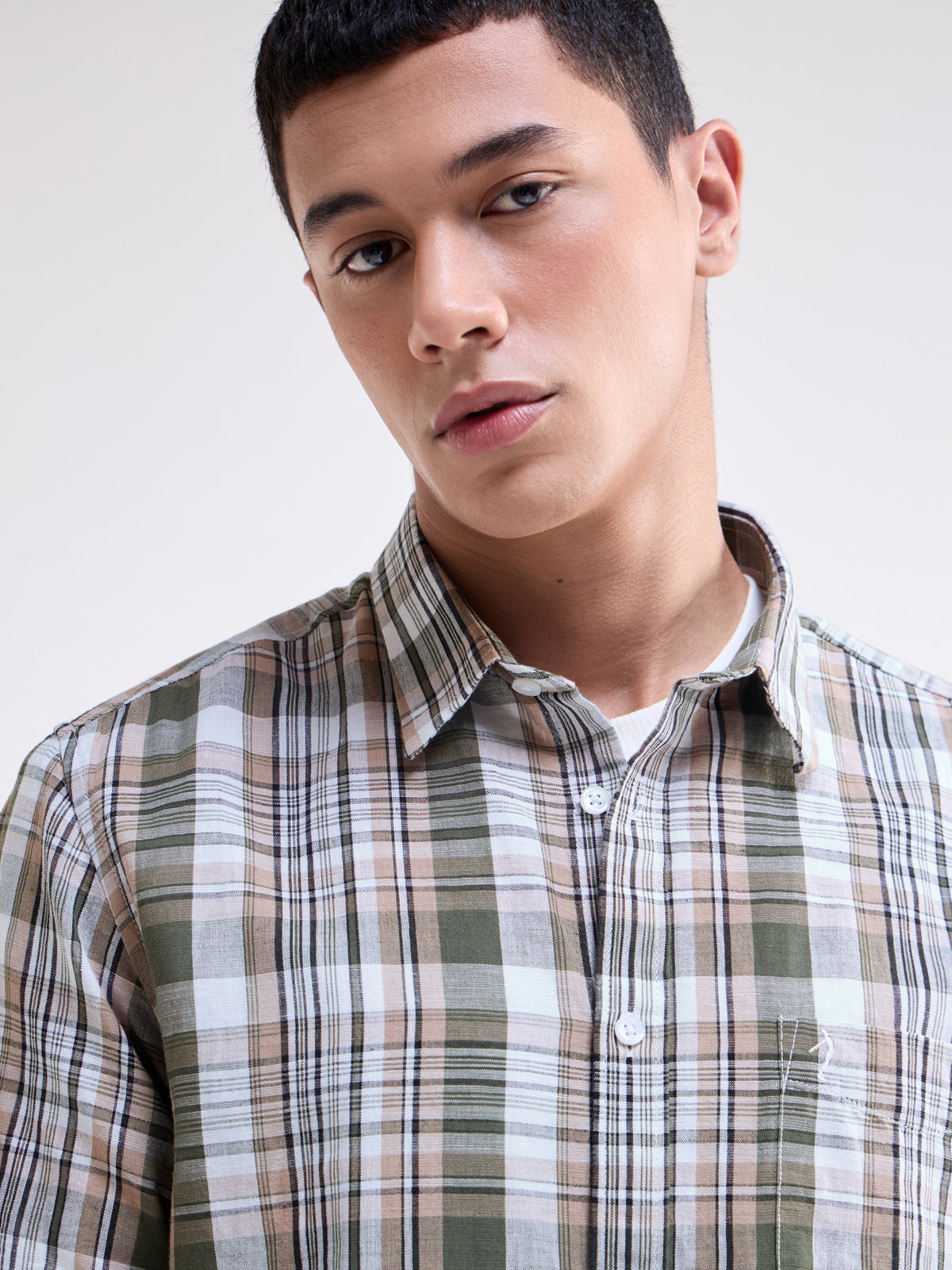 Check Half Sleeve Cotton Linen Shirt - Olive t4option_0
