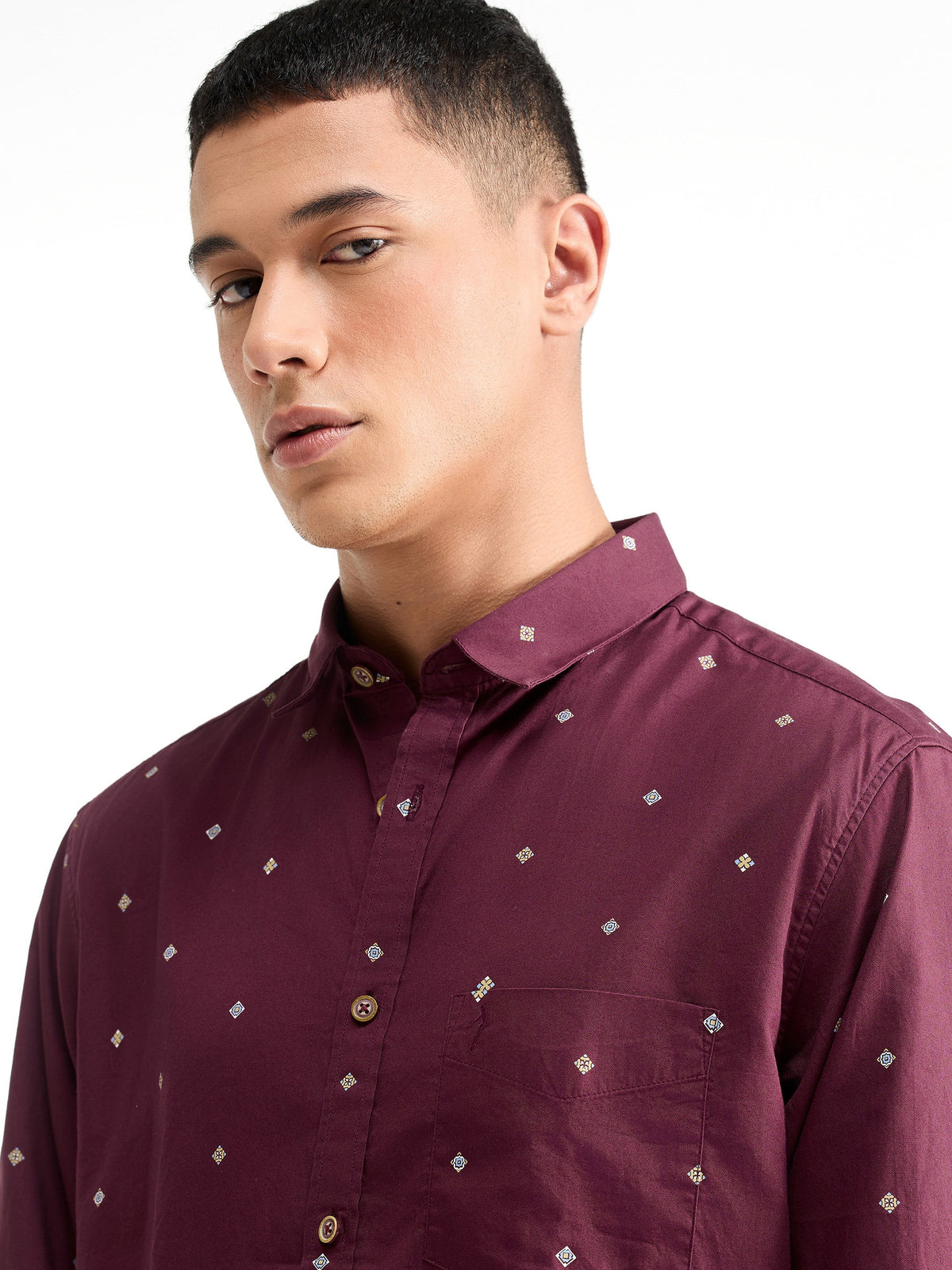 Printed Full Sleeve Cotton Shirt - Maroon t4option_0