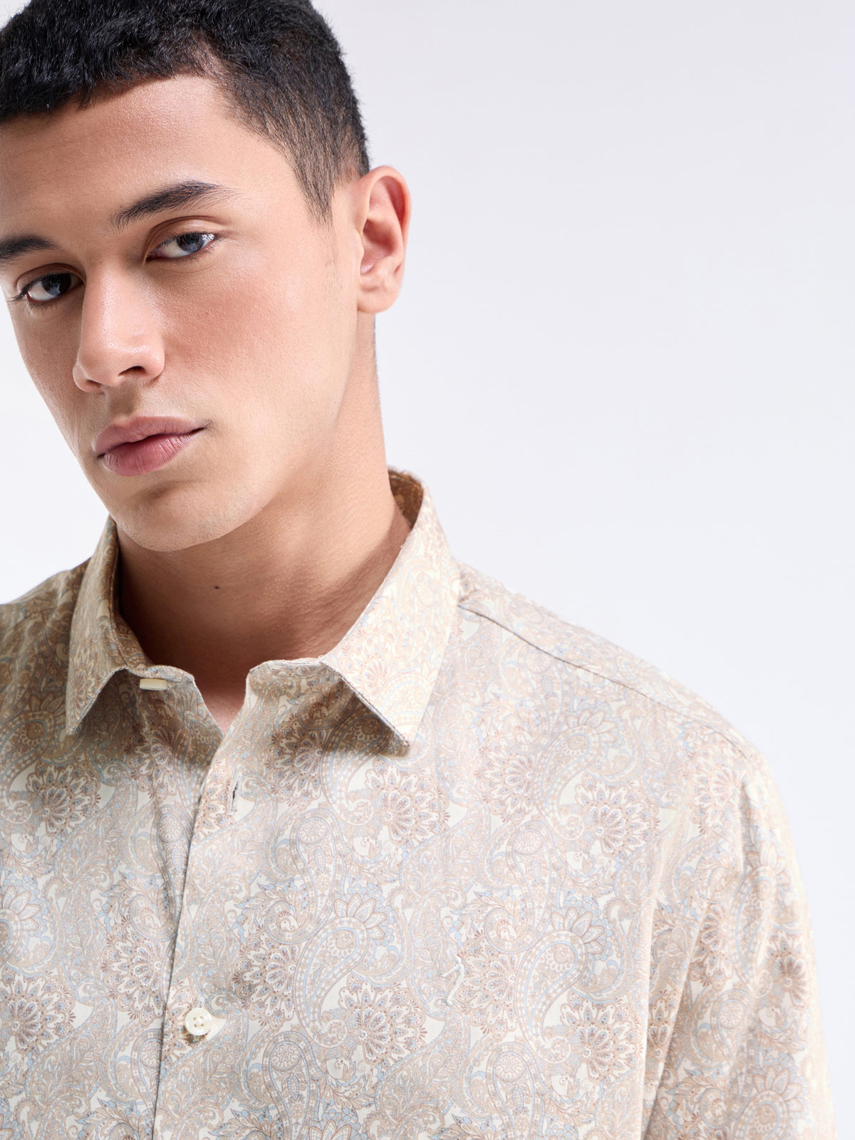 Printed Full Sleeve Cotton Shirt - Ecru t4option_0