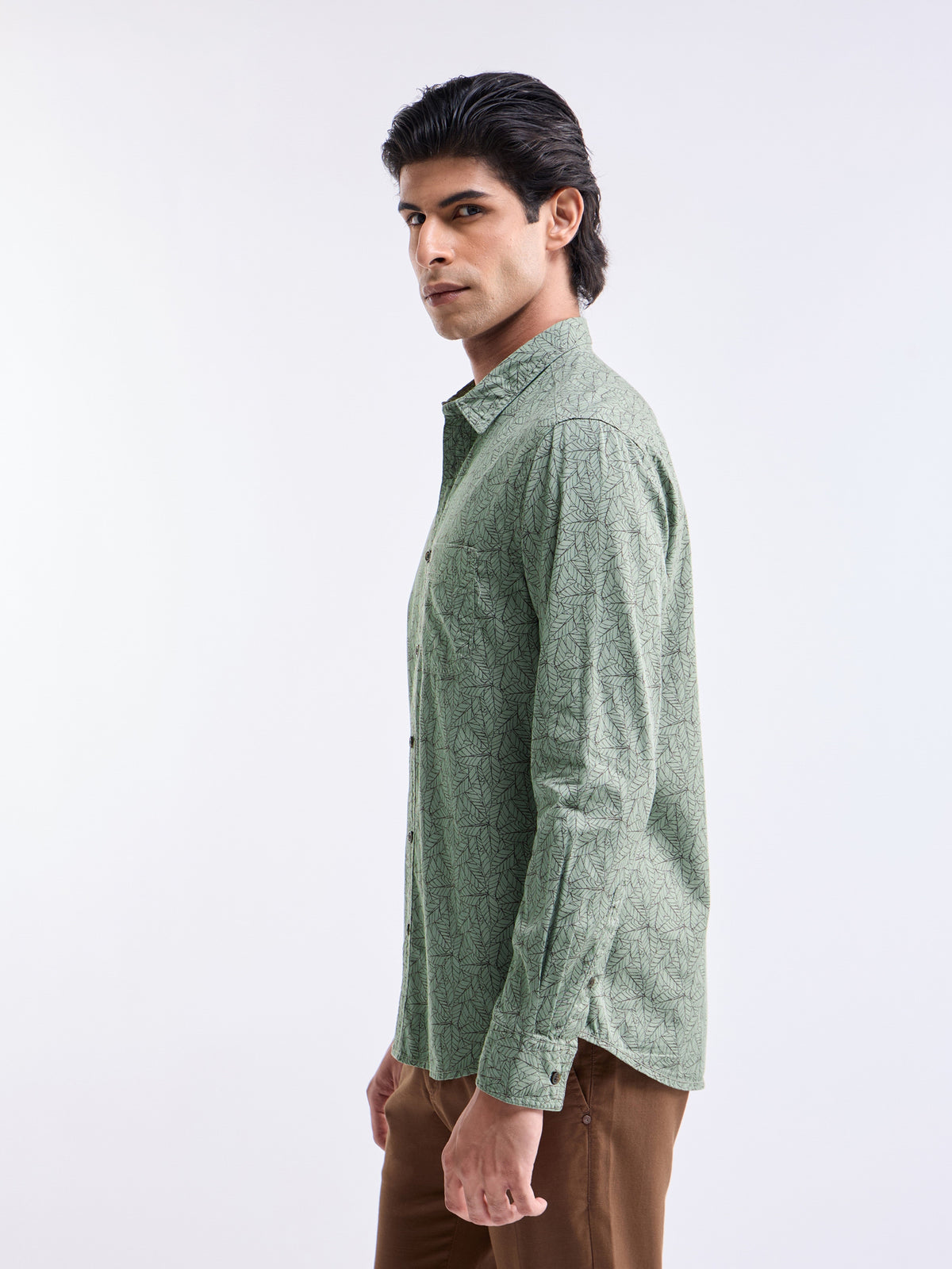 Printed Full Sleeve Cotton Shirt - Olive t4option_1