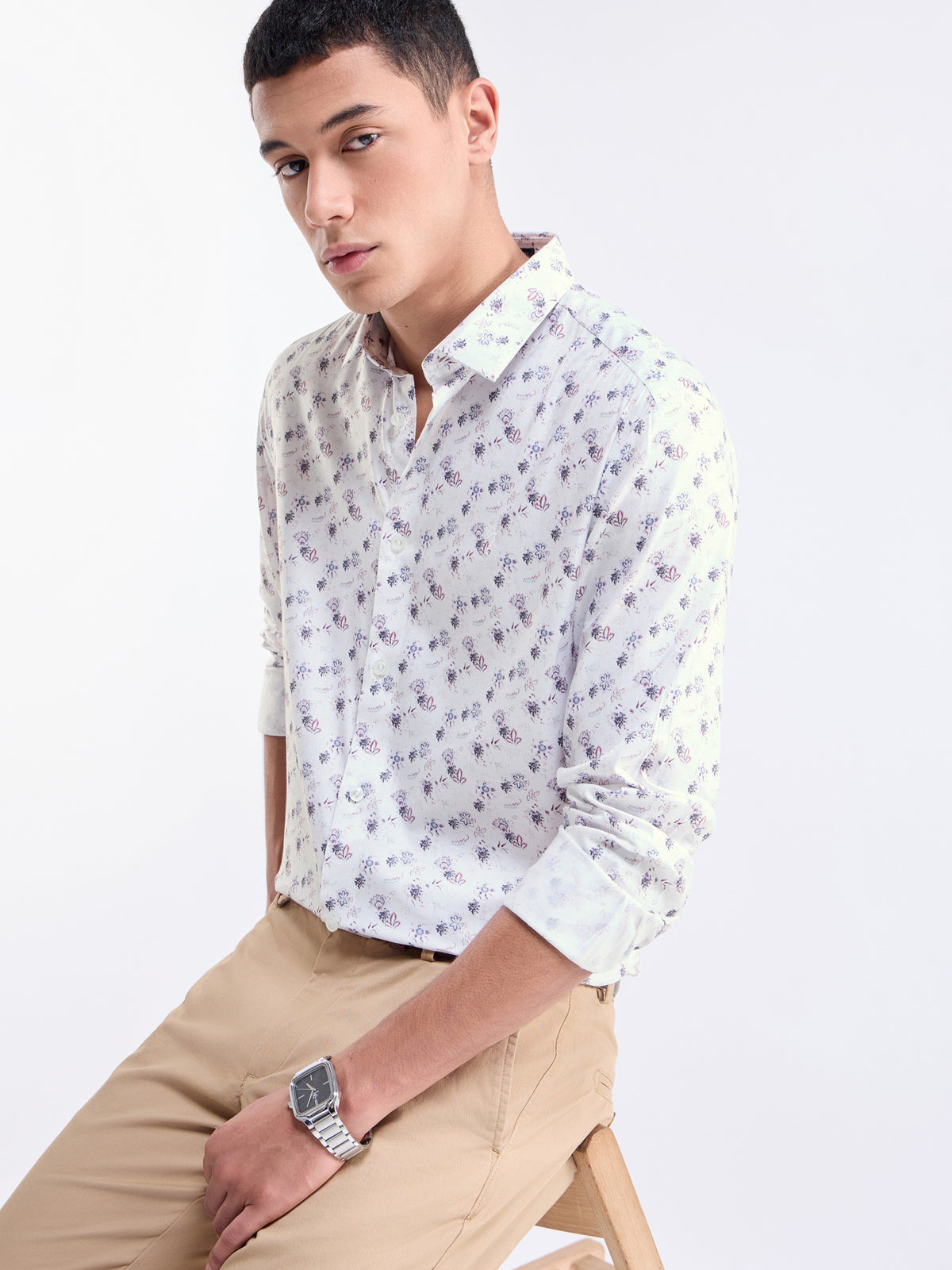 Printed Full Sleeve Cotton Modal Shirt - White t4option_0