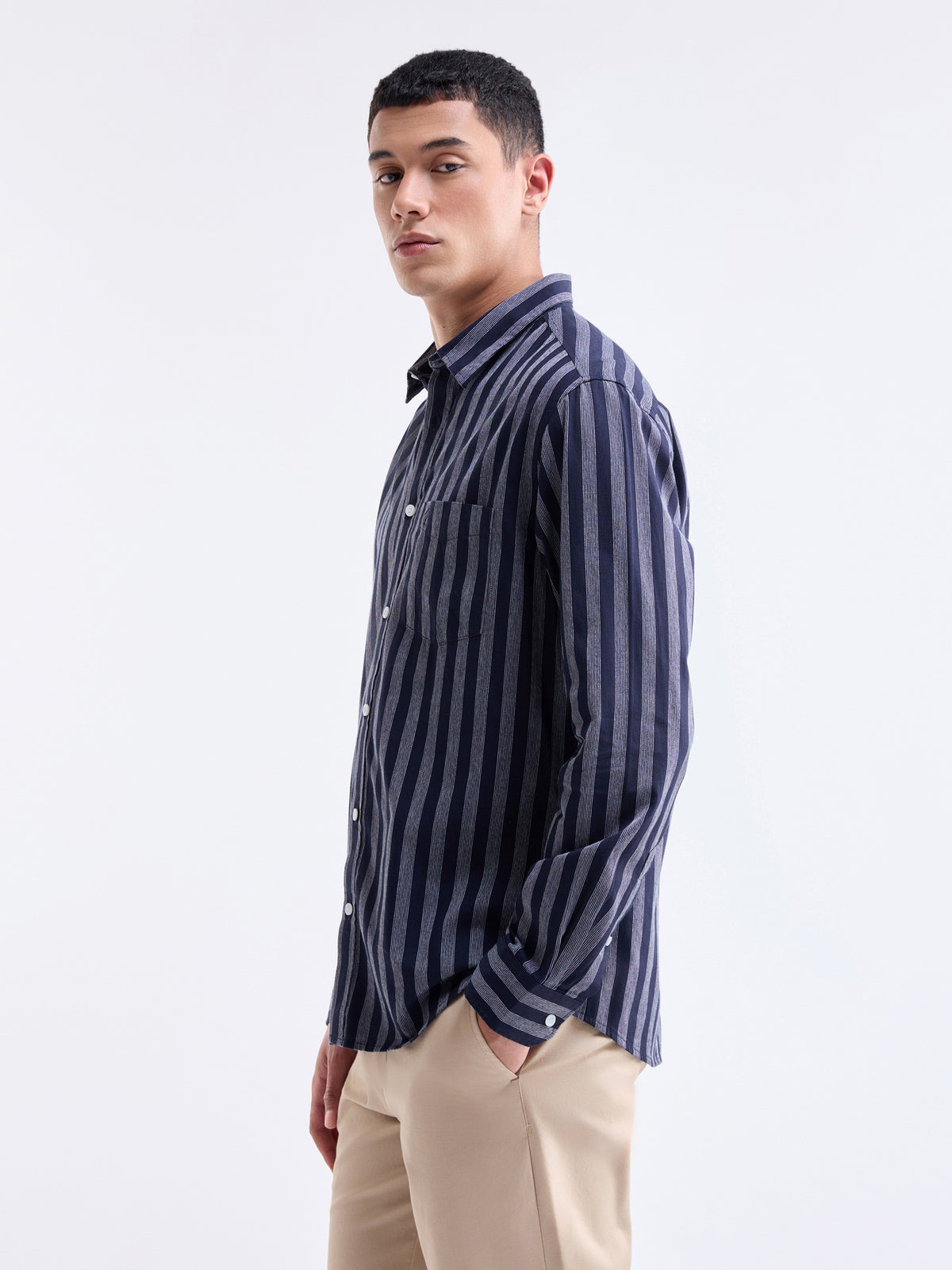 Striped Full Sleeve Cotton Shirt - Navy t4option_0