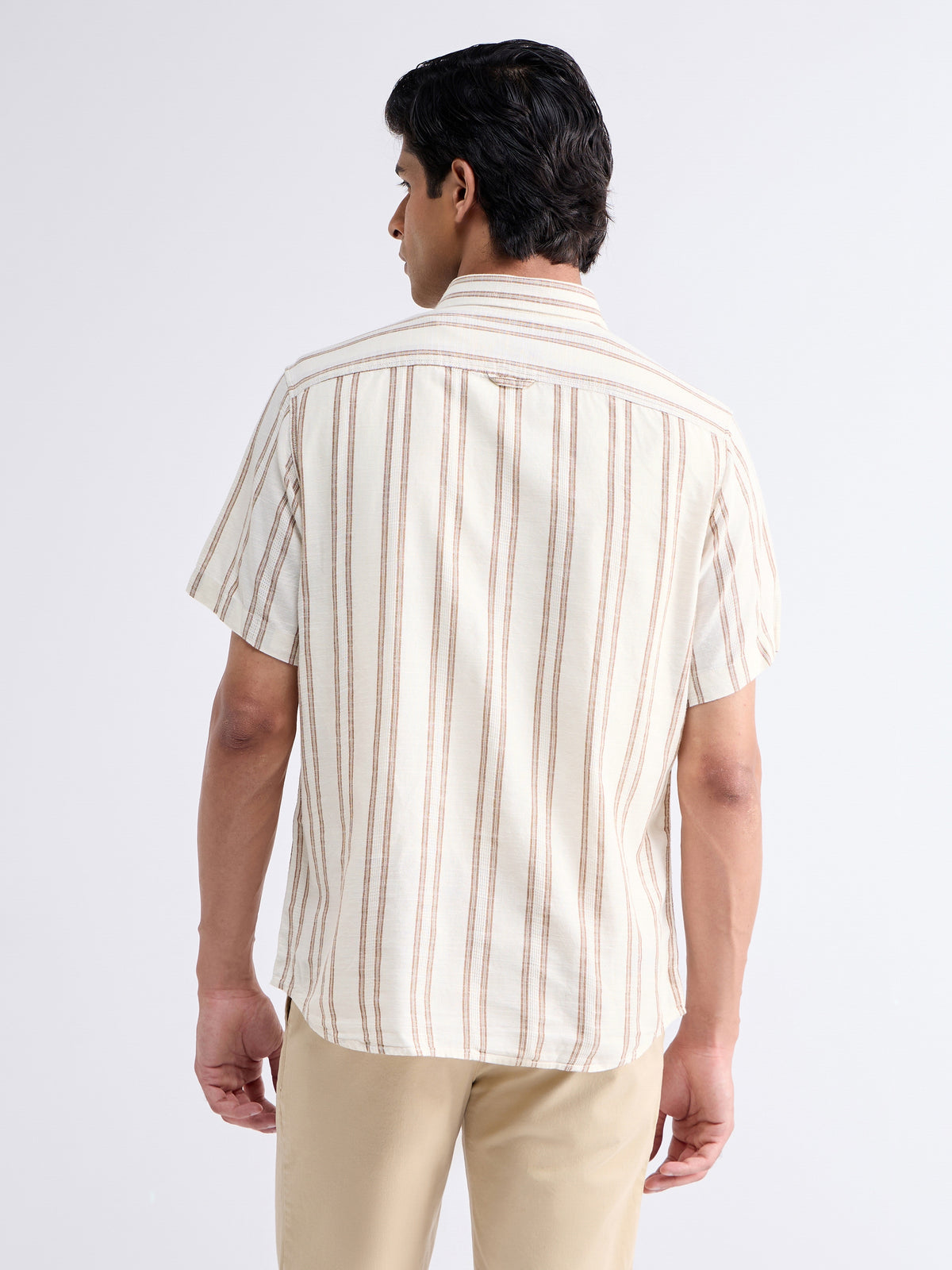 Striped Half Sleeve Cotton Shirt - Beige t4option_0