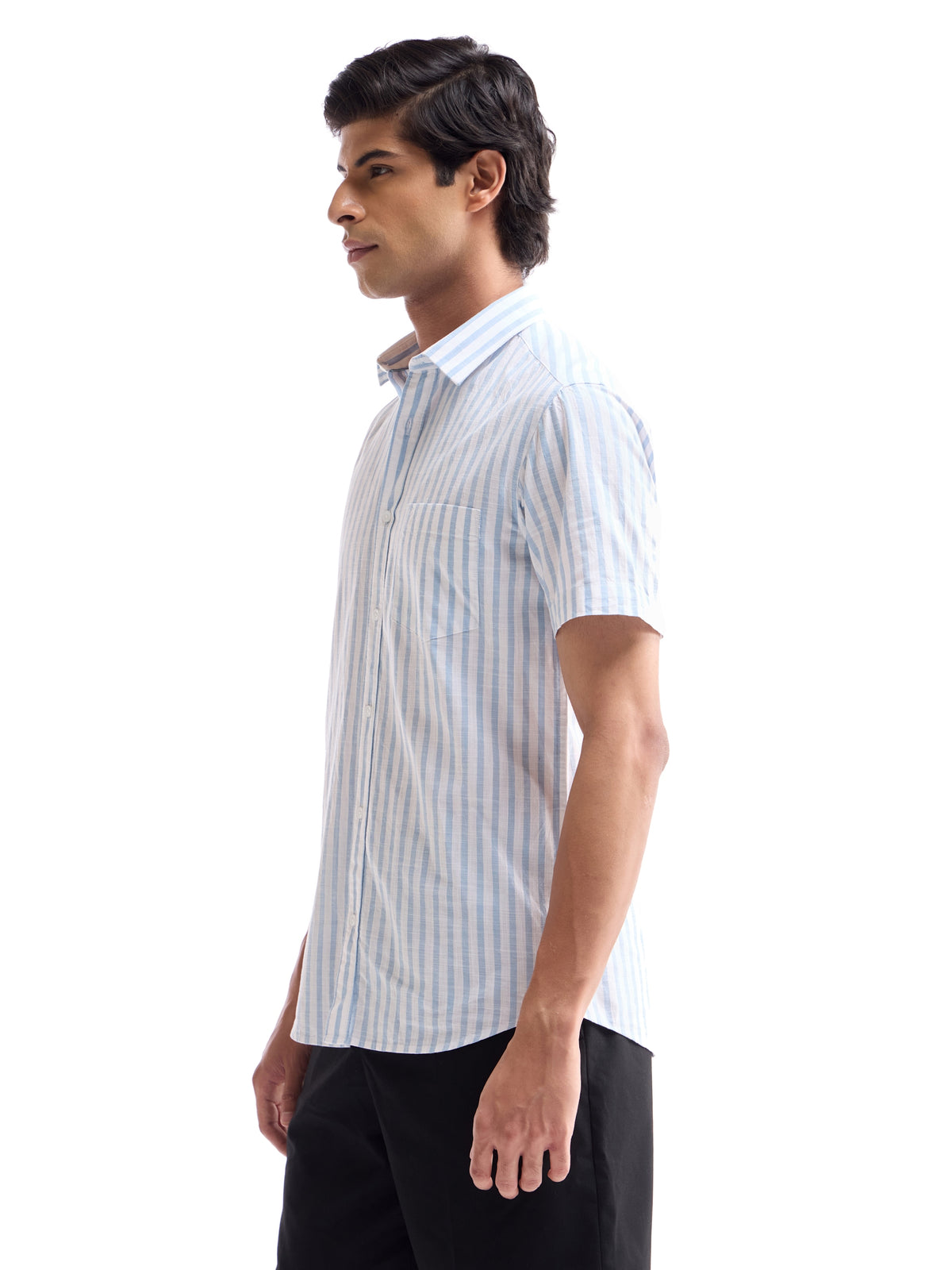 Striped Half Sleeve Cotton Shirt - Sky t4option_0