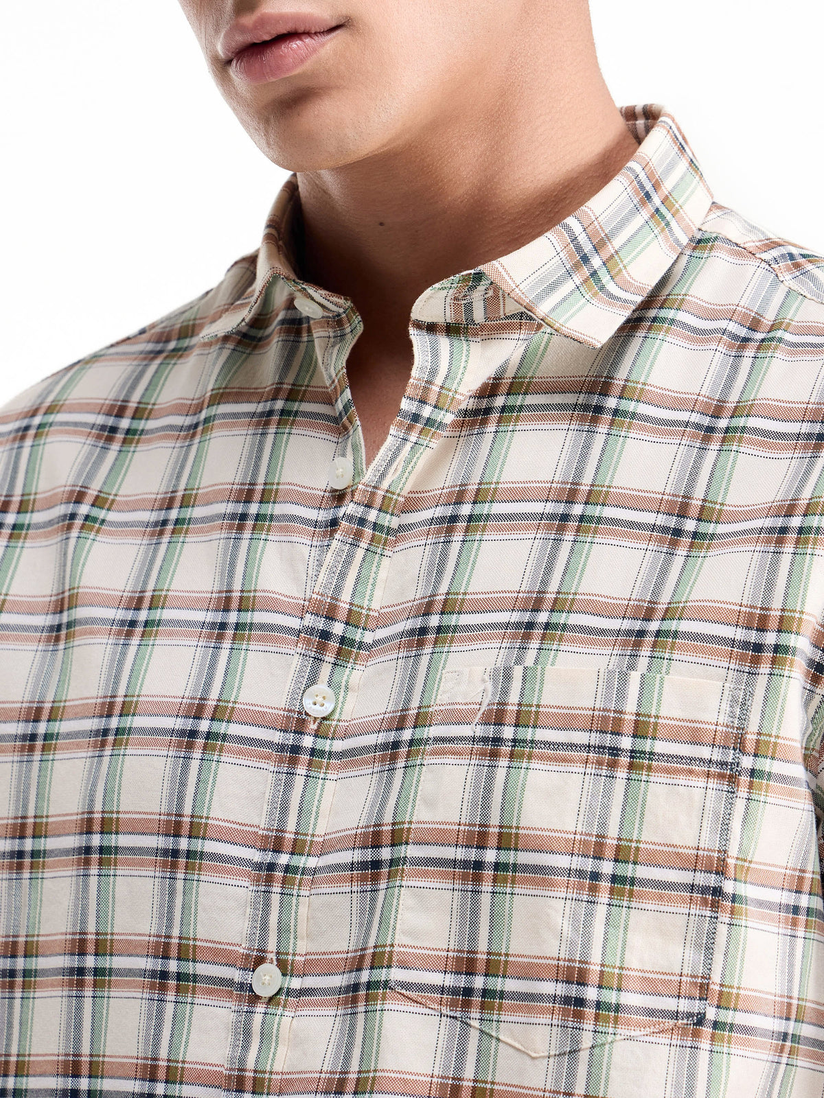 Check Half Sleeve Cotton Shirt - Ecru t4option_0