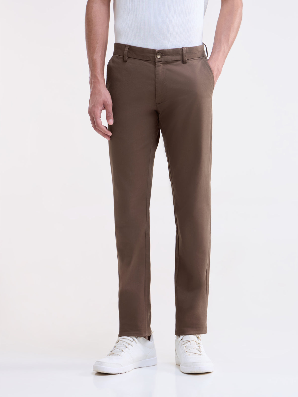Twill Slim Fit Cotton Stretch Trouser - Brown t4option_1