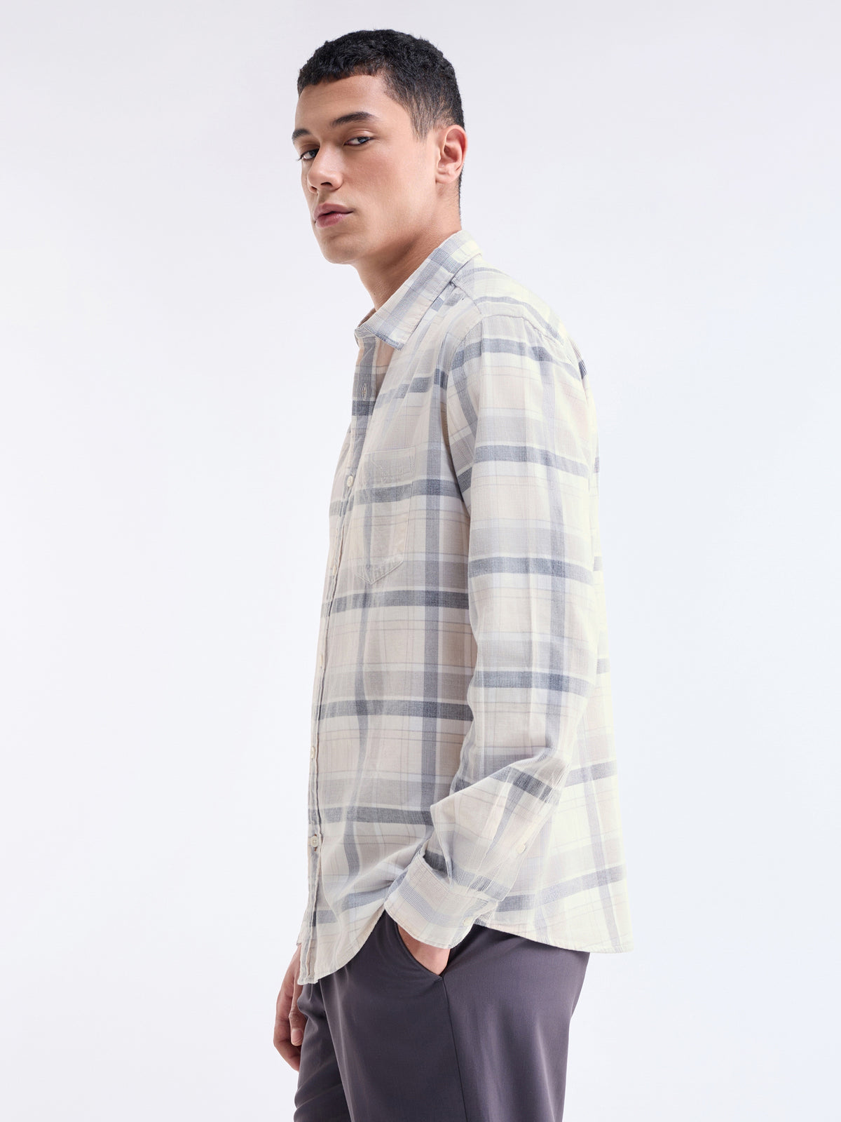 Check Full Sleeve Cotton Shirt - Ecru t4option_0
