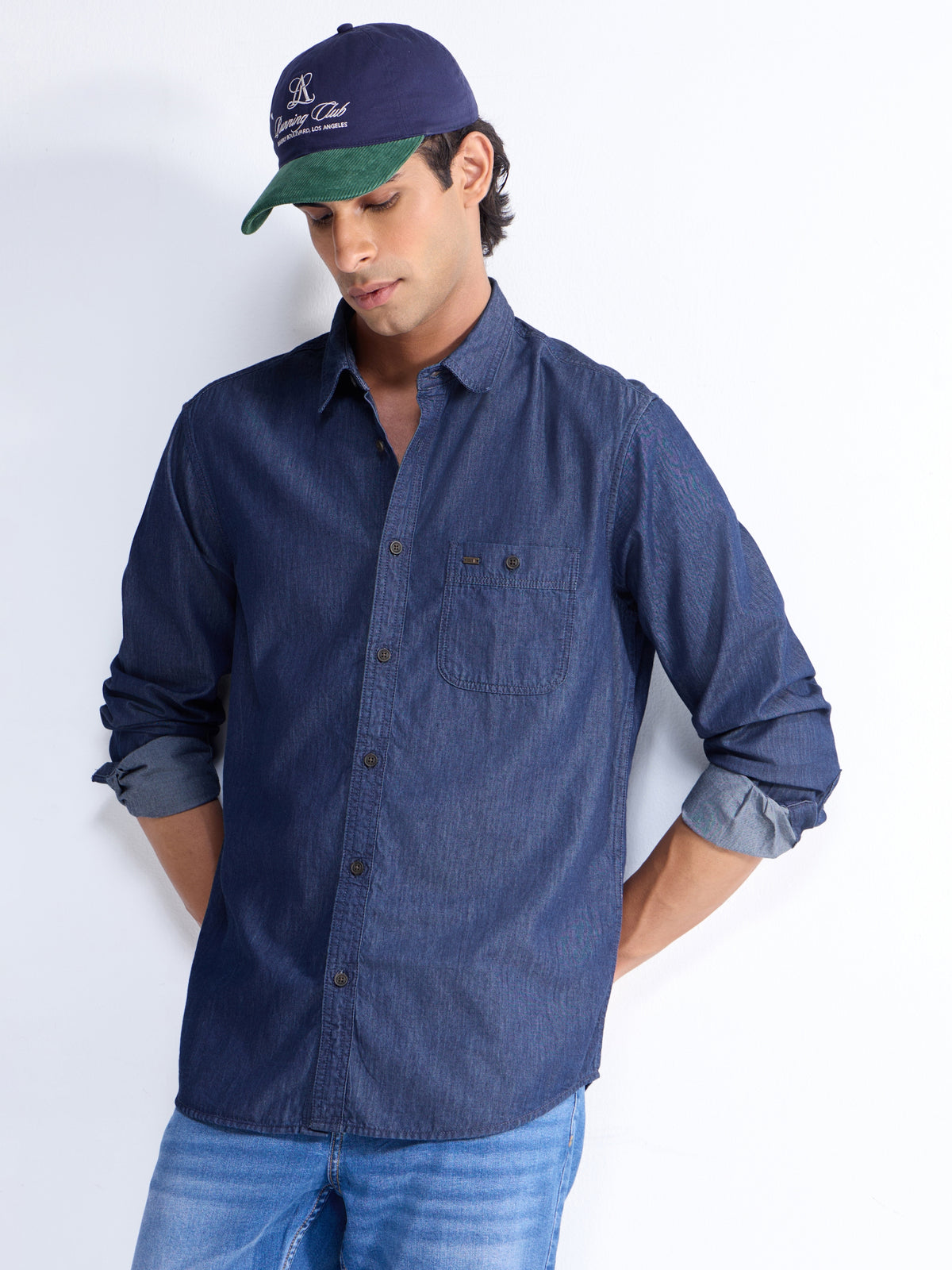 Solid Full Sleeve Cotton Shirt - Indigo t4option_0